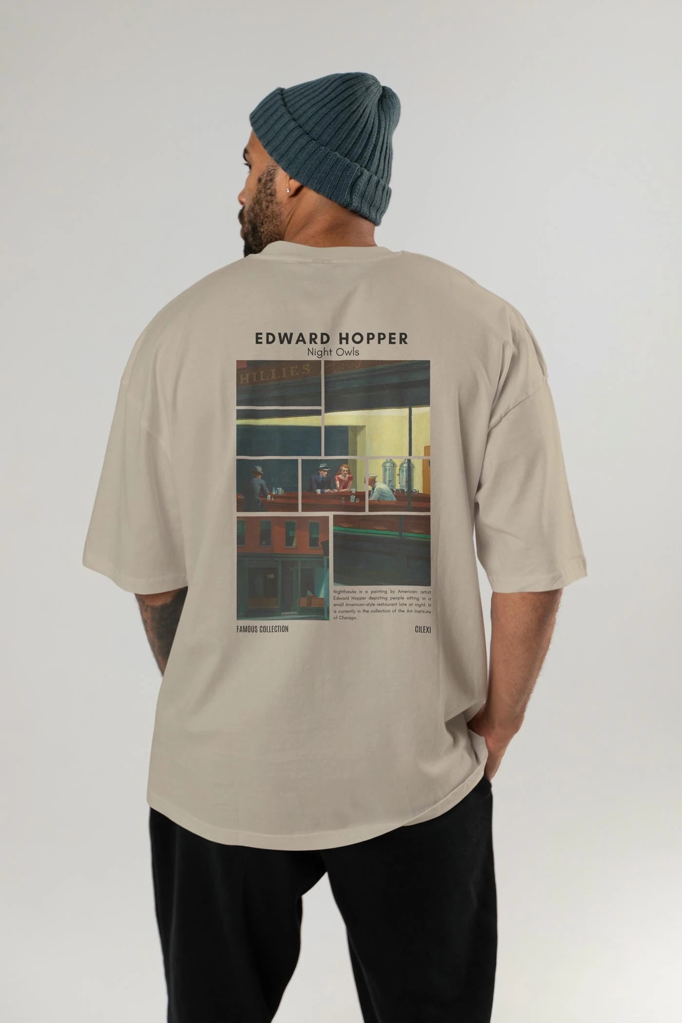 Edward Hopper Night Owls Arka Baskılı Oversize t-shirt Erkek Kadın Bisiklet Yaka Pamuk tişort