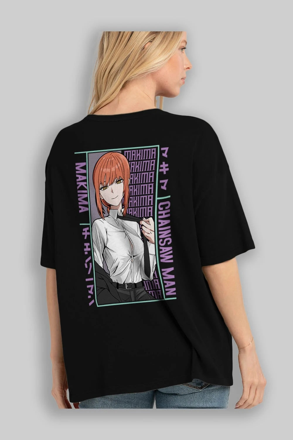 Makima Chain Saw Man Anime Arka Baskılı Oversize t-shirt Erkek Kadın Unisex