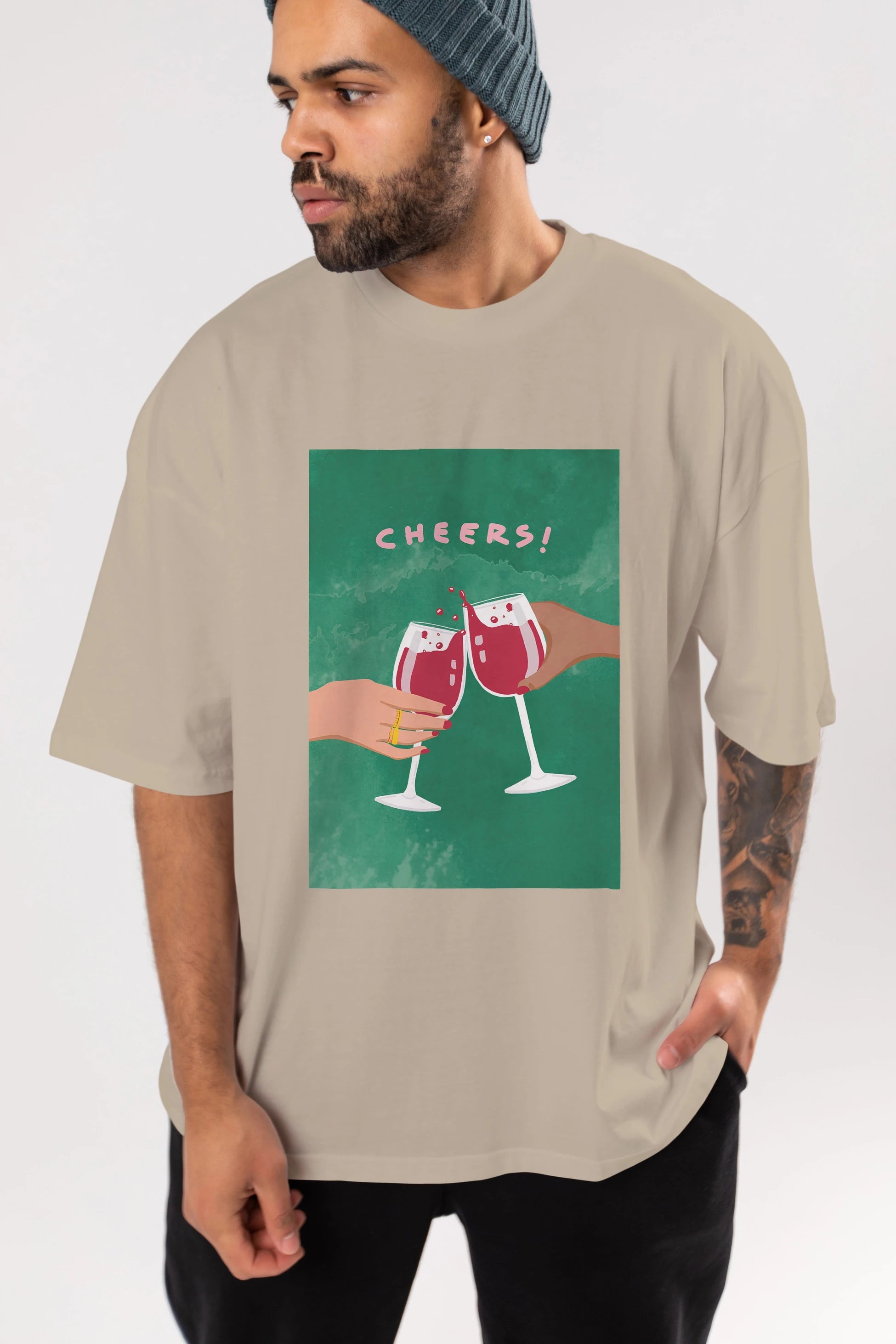 Cheers Ön Baskılı Oversize t-shirt Erkek Kadın Unisex %100 Pamuk Bisiklet Yaka tişort