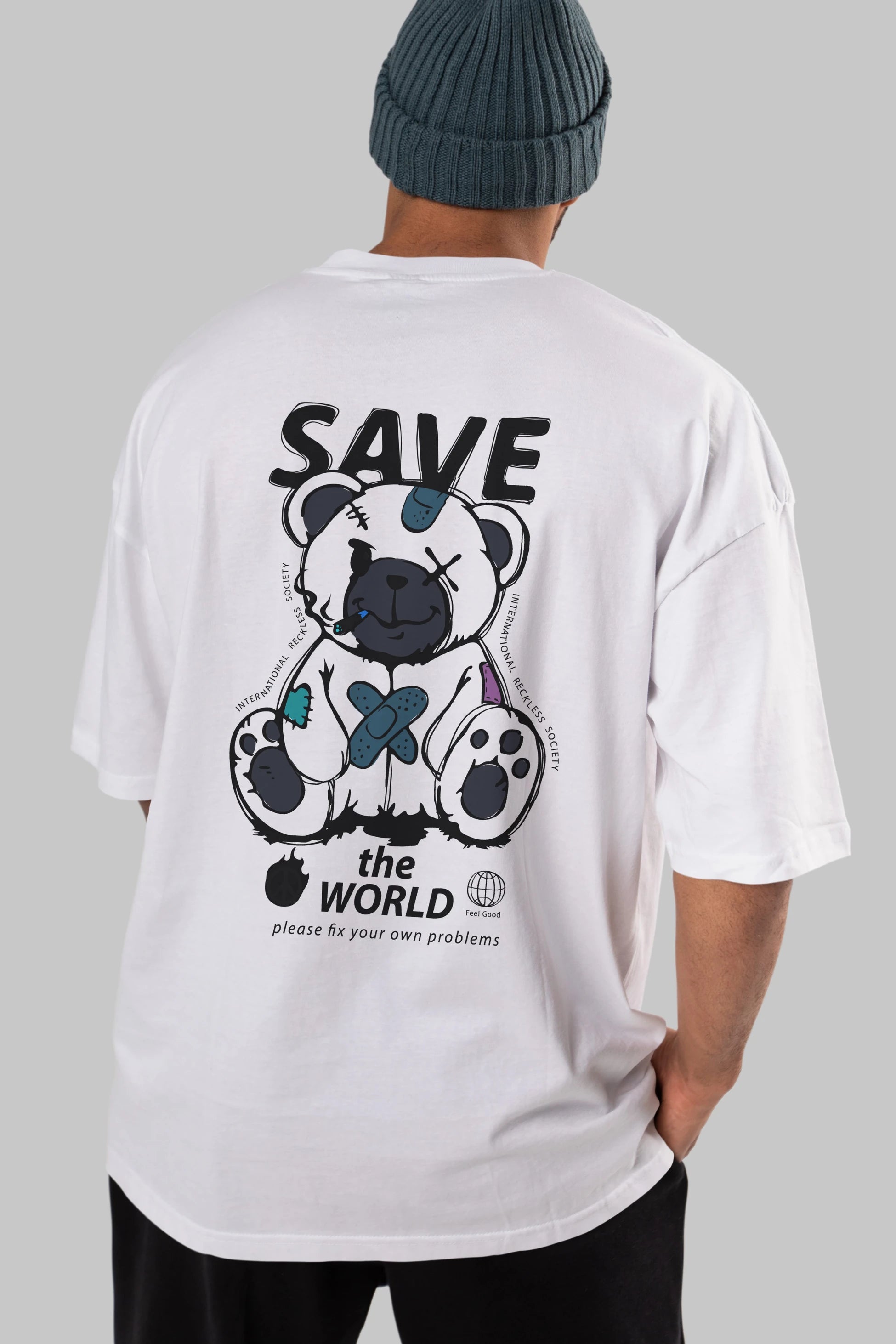Save the World Bear Arka Baskılı Oversize t-shirt Erkek Kadın Unisex