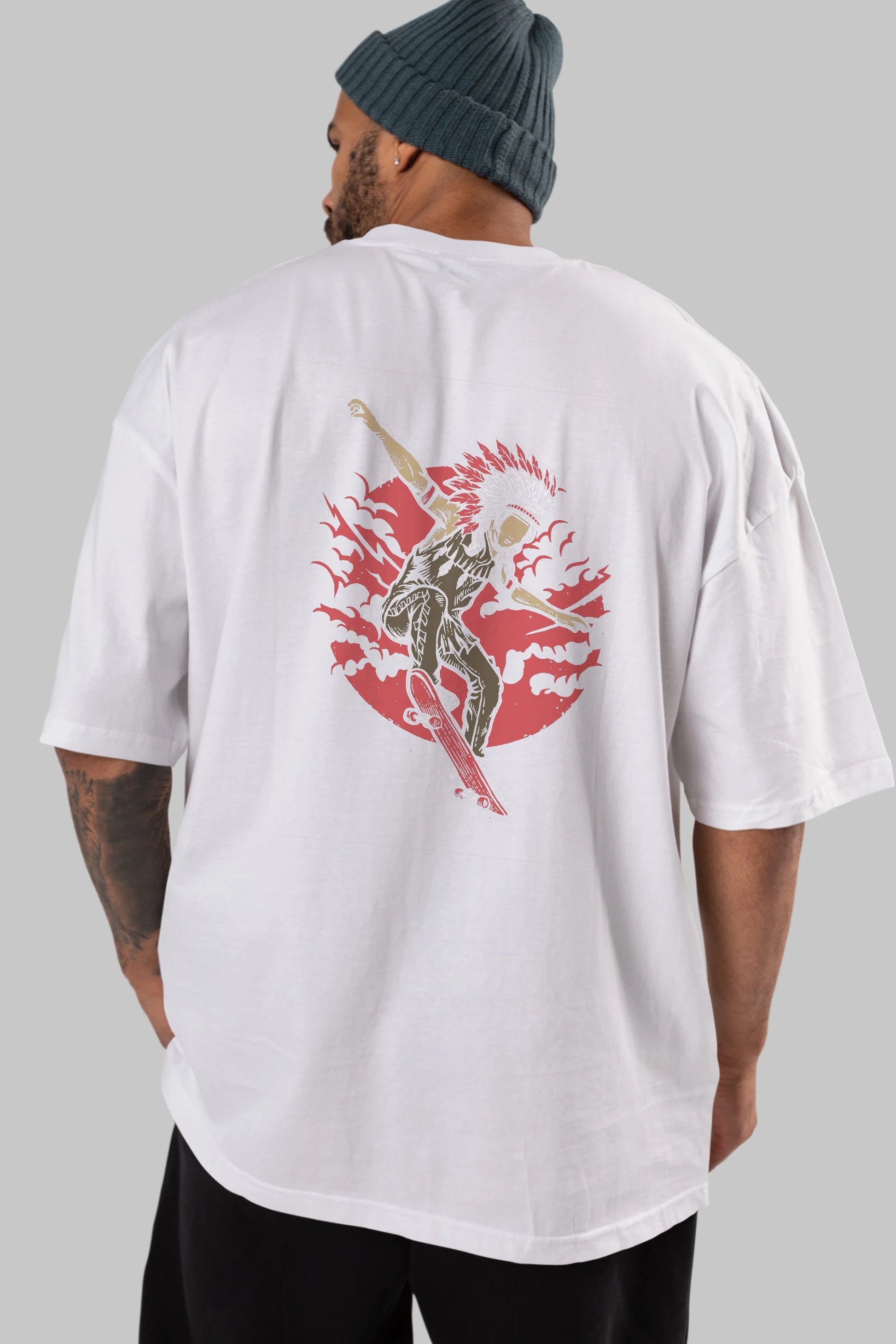 Indian Chief Skateboard Arka Baskılı Oversize t-shirt Erkek Kadın Unisex %100 Pamuk