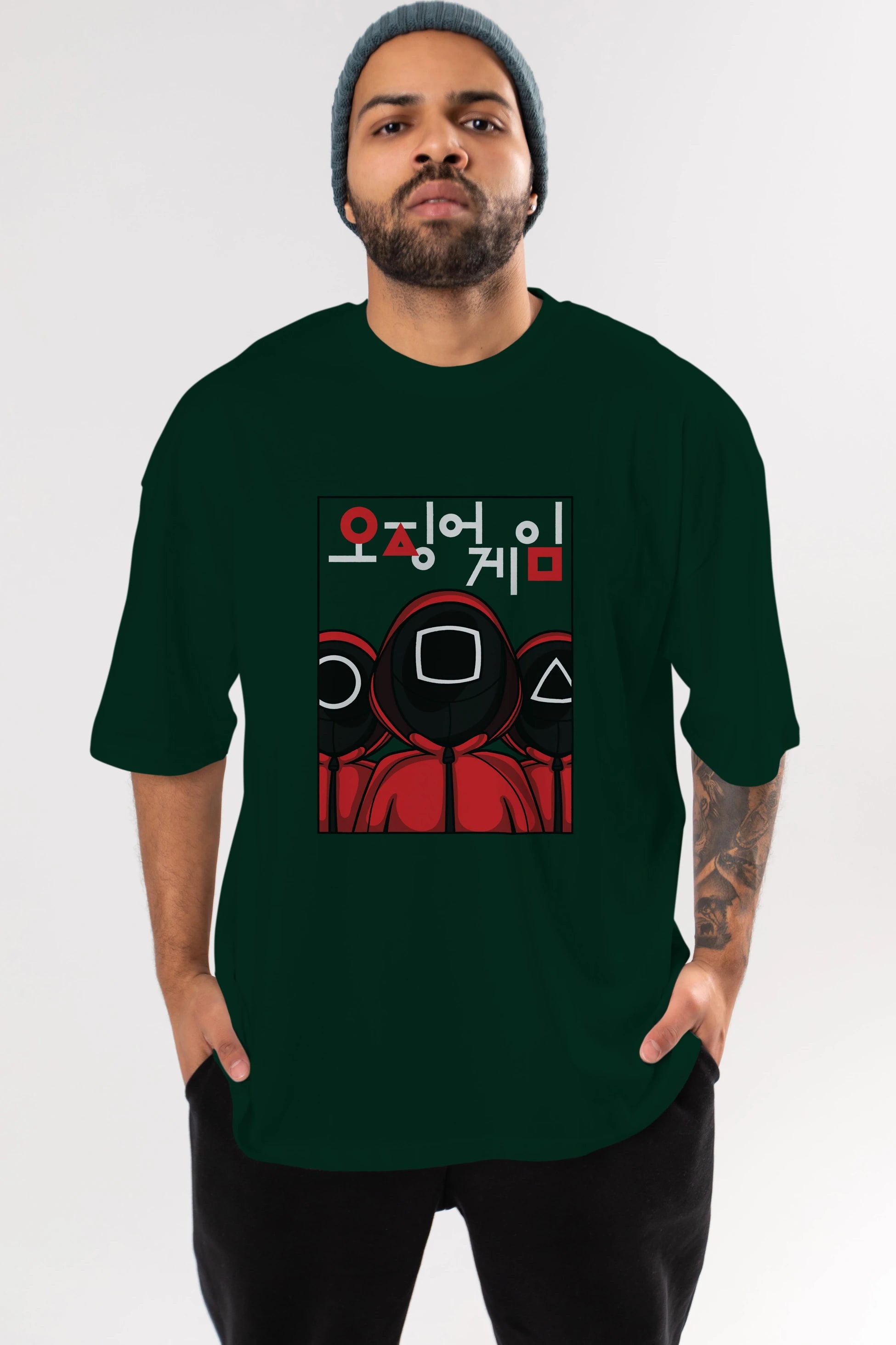 Squid Game (7) Ön Baskılı Oversize t-shirt Erkek Kadın Unisex %100 Pamuk Bisiklet Yaka tişort
