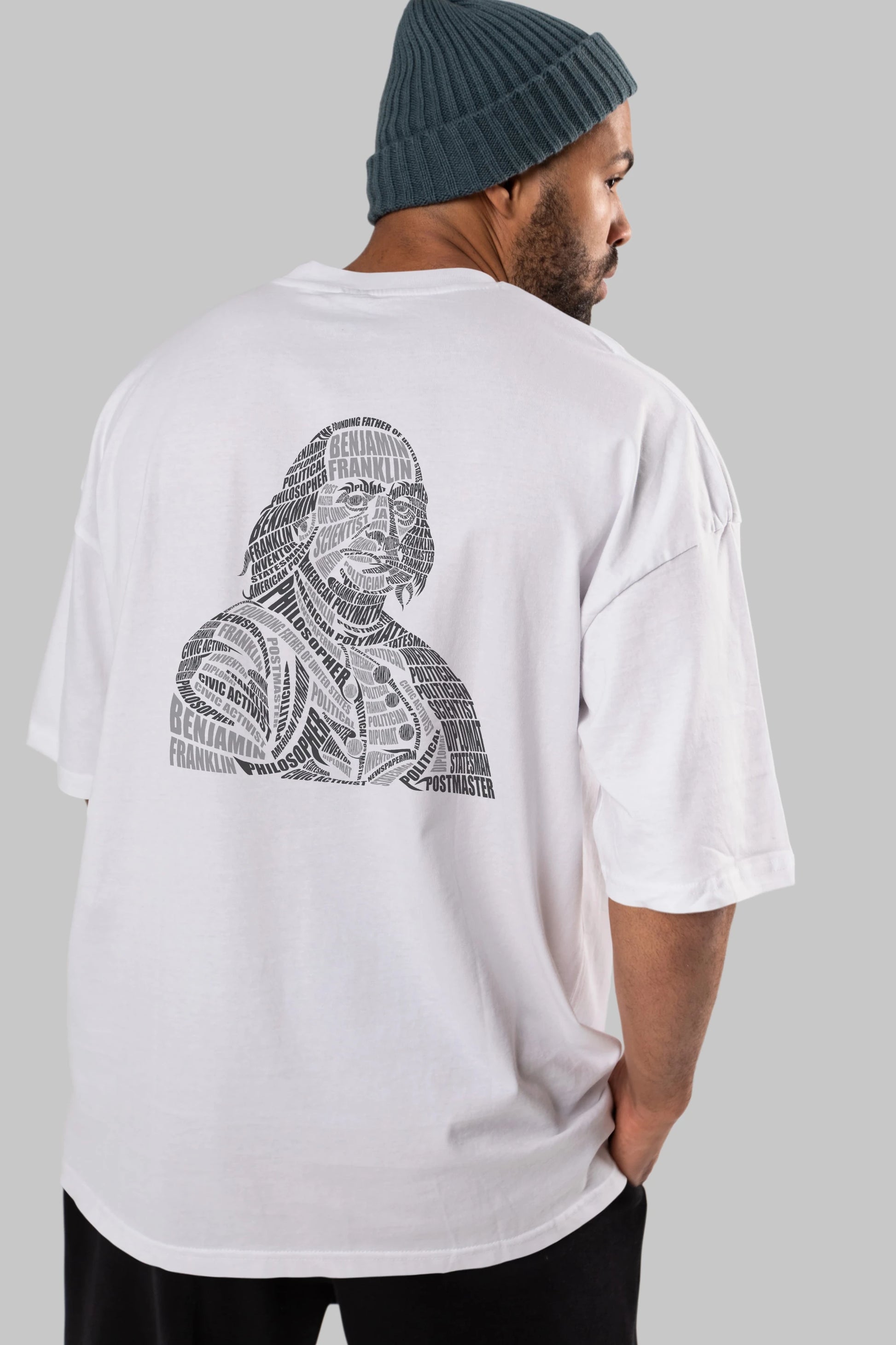 Benjamin Franklin Calligram Arka Baskılı Oversize t-shirt %100 pamuk Erkek Kadın Unisex