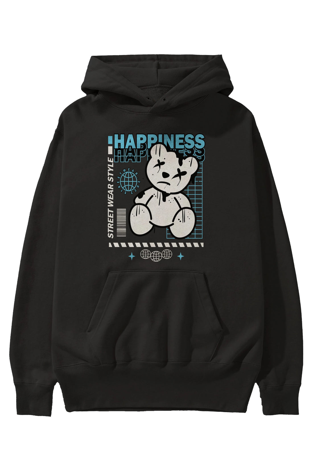 Happiness Bear 2 Ön Baskılı Hoodie Oversize Kapüşonlu Sweatshirt Erkek Kadın Unisex