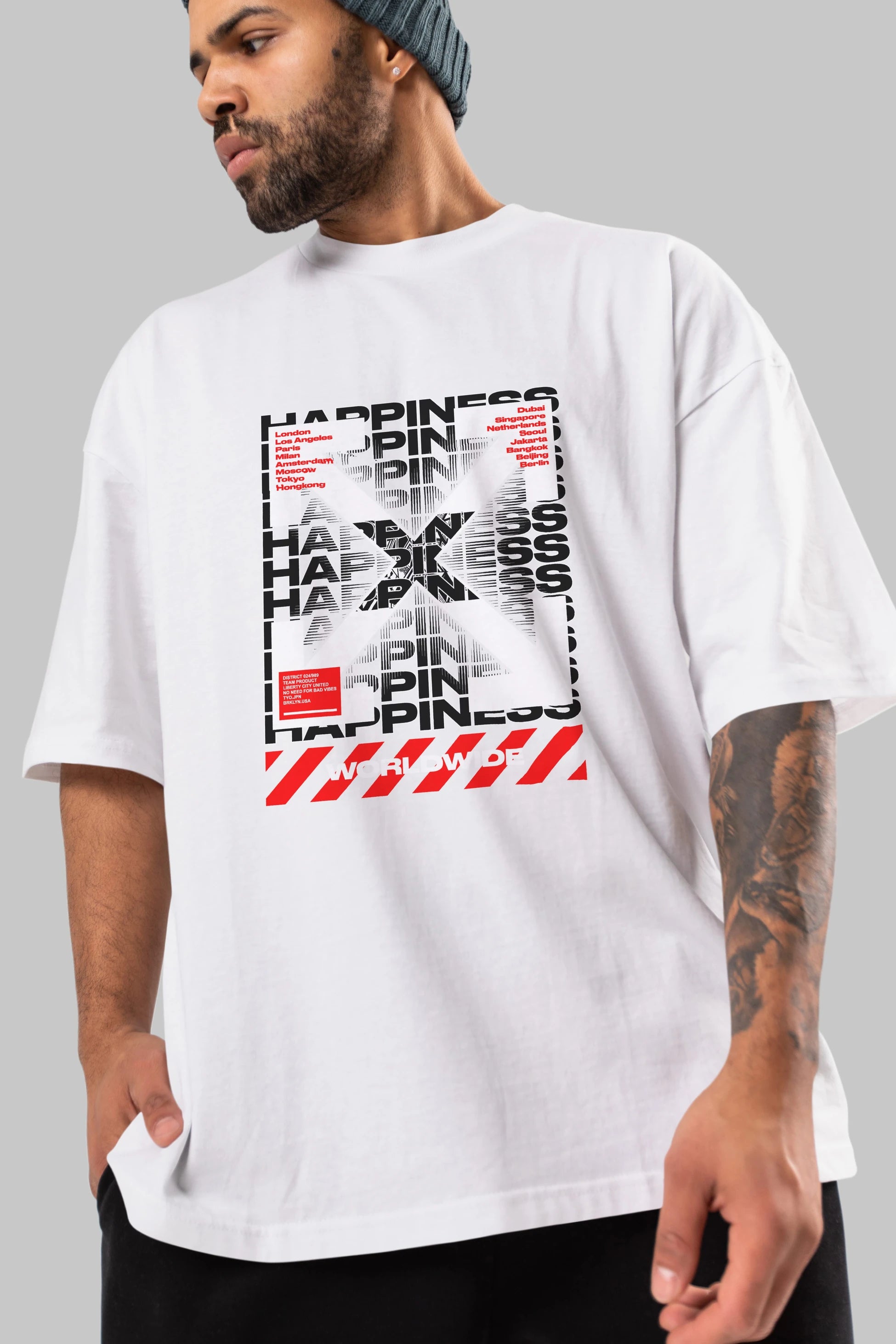 Happiness Worldwide Ön Baskılı Oversize t-shirt Erkek Kadın Unisex