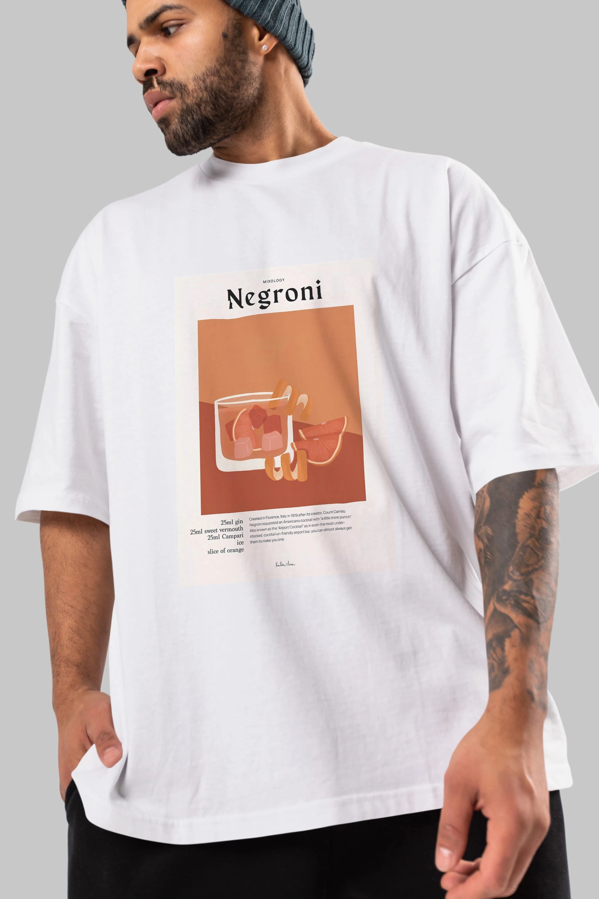 Mixology Negroni Ön Baskılı Oversize t-shirt Erkek Kadın Unisex %100 Pamuk Bisiklet Yaka tişort