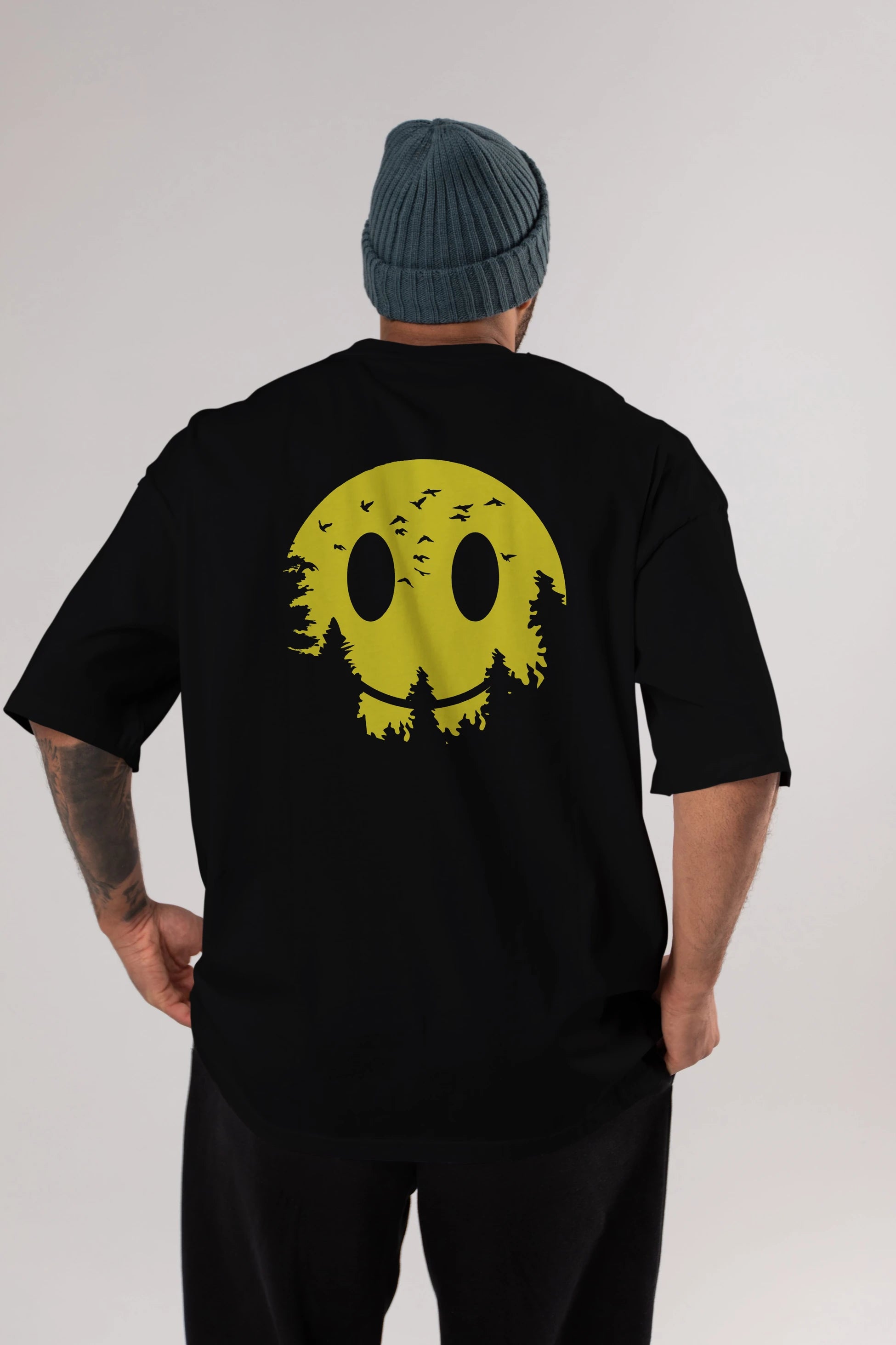 Smiley Moon Arka Baskılı Oversize t-shirt %100 pamuk Erkek Kadın Unisex