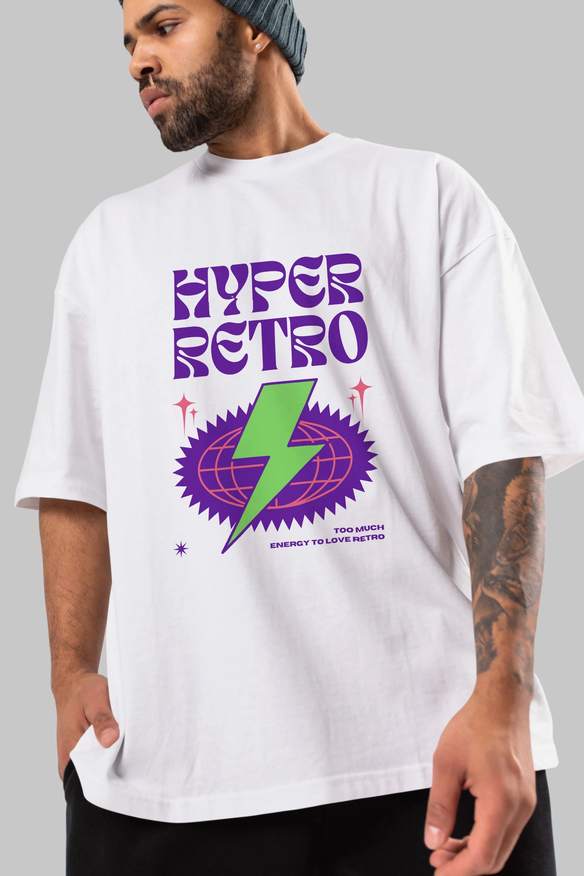 Hyper Retro Yazılı Ön Baskılı Oversize t-shirt Erkek Kadın Unisex