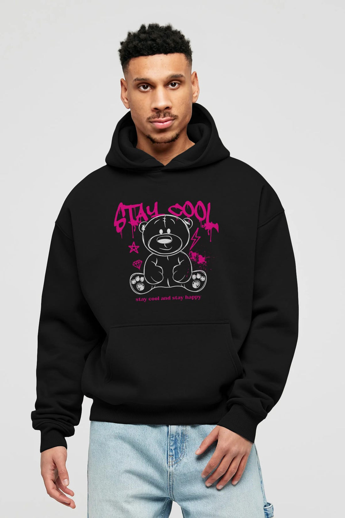 Teddy Bear Stay Cool Ön Baskılı Hoodie Oversize Kapüşonlu Sweatshirt Erkek Kadın Unisex