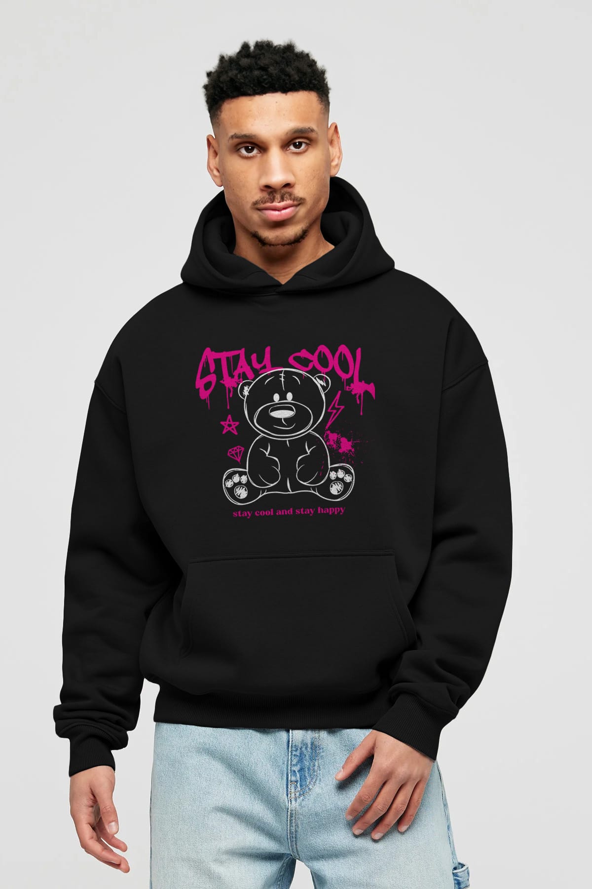 Teddy Bear Stay Cool Ön Baskılı Hoodie Oversize Kapüşonlu Sweatshirt Erkek Kadın Unisex