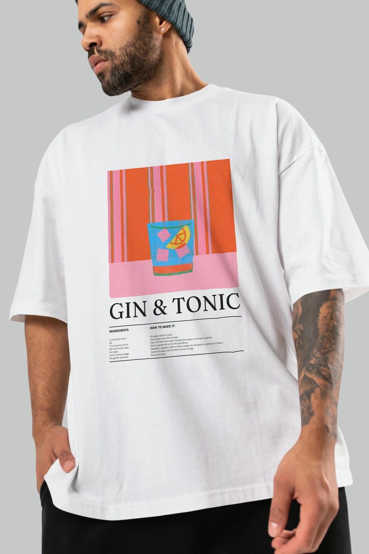Gin tonic Kokteyl Ön Baskılı Oversize t-shirt Erkek Kadın %100 Pamuk Bisiklet Yaka tişort