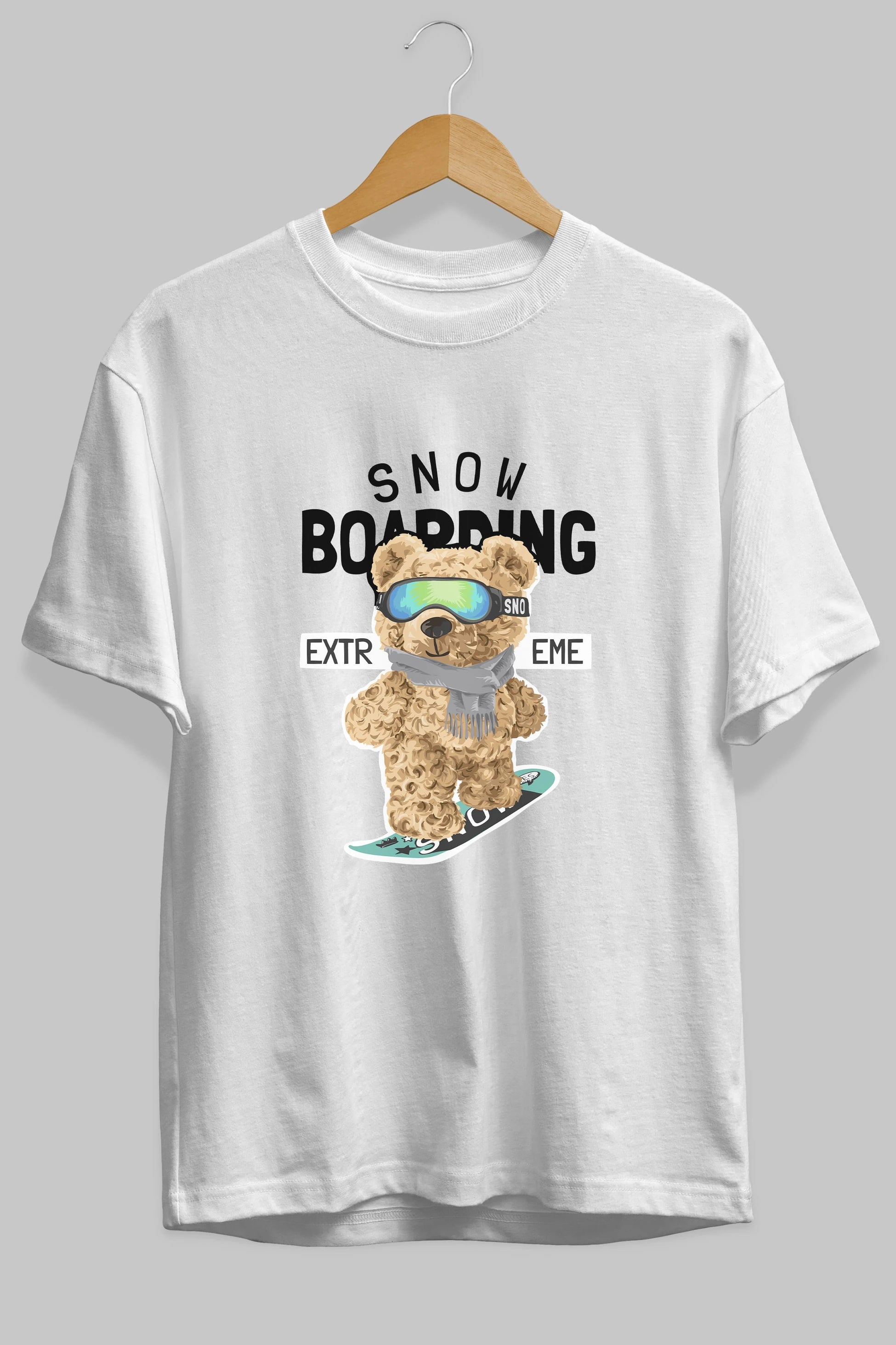 Teddy Bear Snow Boarding Ön Baskılı Oversize t-shirt Erkek Kadın Unisex %100 Pamuk