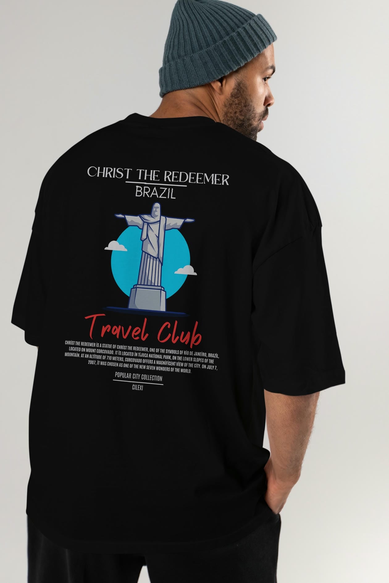 Christ The Redeemer Brazil Arka Baskılı Oversize t-shirt Erkek Kadın Pamuk Bisiklet Yaka tişort