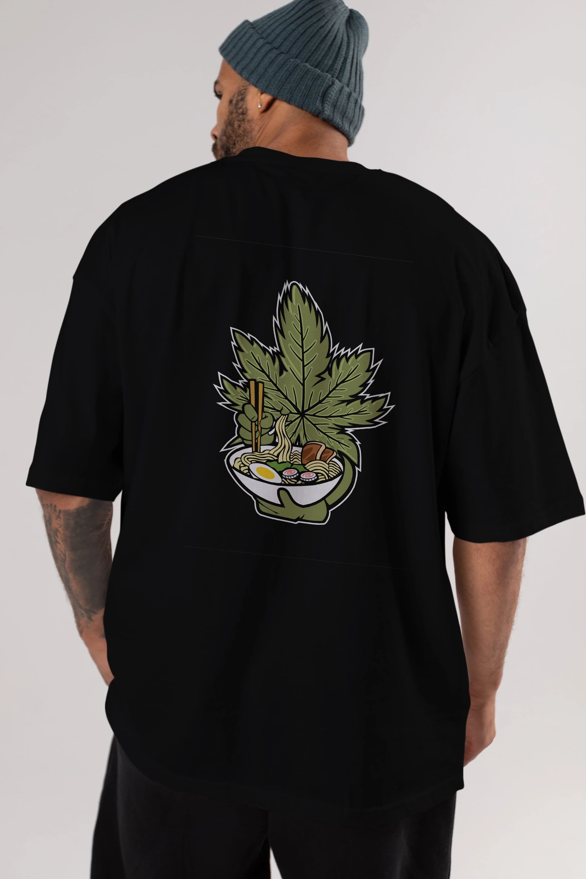 Weed Ramen Arka Baskılı Oversize t-shirt Erkek Kadın Unisex %100 Pamuk tişort