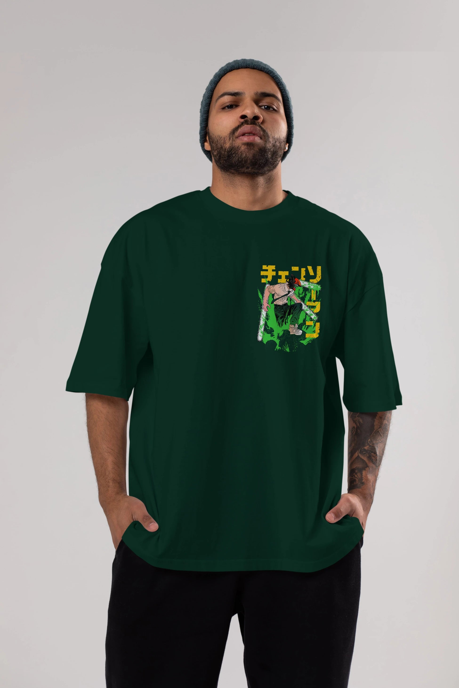 CHAINSAWMAN DENJI Ön Sol Baskılı Oversize t-shirt Erkek Kadın Unisex %100 Pamuk Bisiklet Yaka tişort