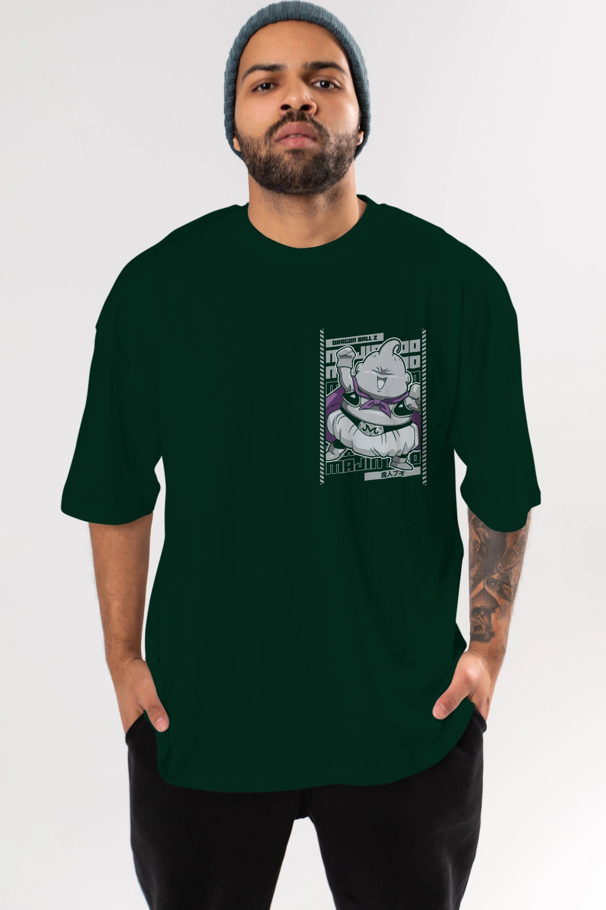 MAJIN BOO2 Ön Sol Baskılı Oversize t-shirt Erkek Kadın Unisex %100 Pamuk Bisiklet Yaka tişort