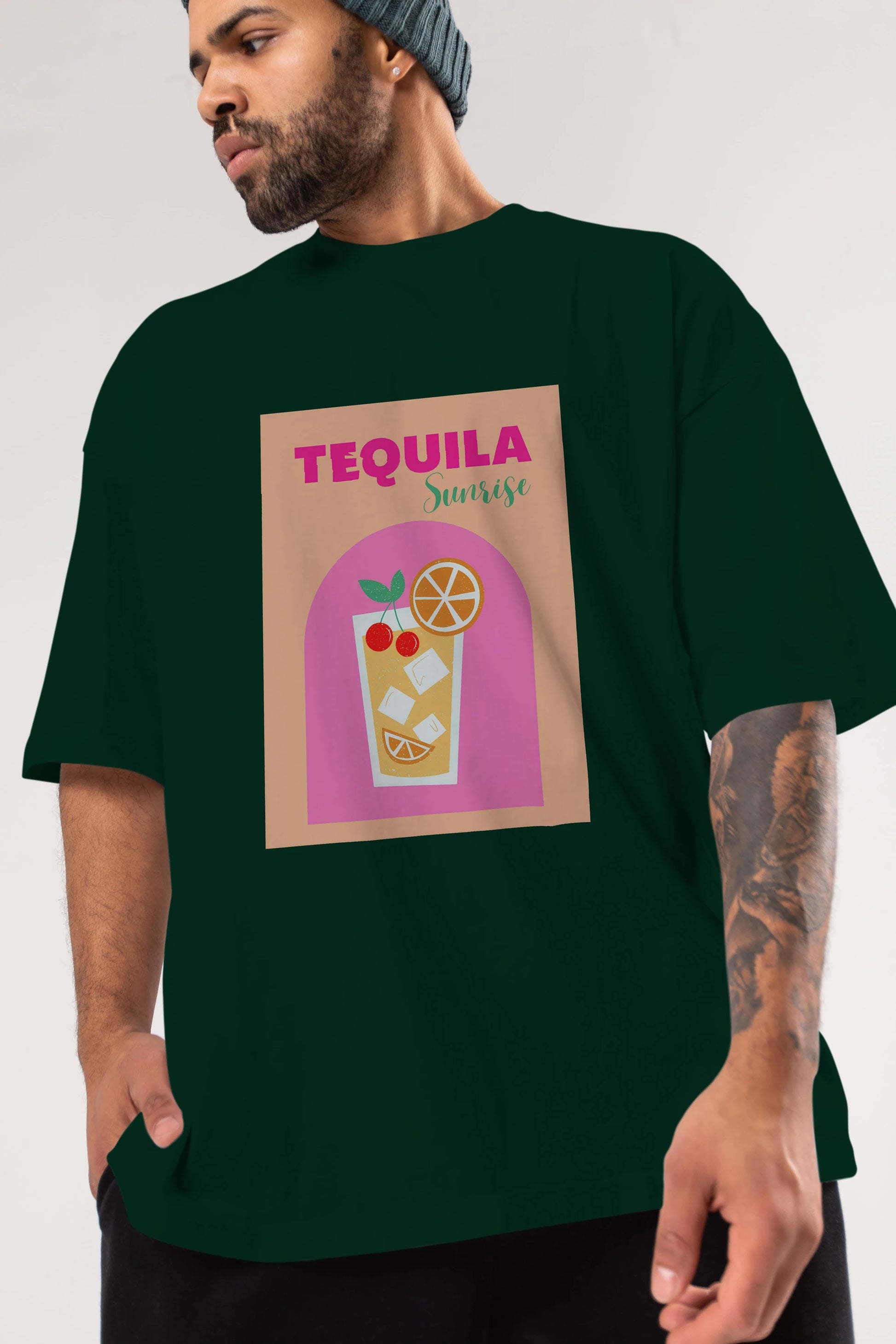 Tequila Sunrise 2 Ön Baskılı Oversize t-shirt Erkek Kadın Unisex %100 Pamuk Bisiklet Yaka tişort