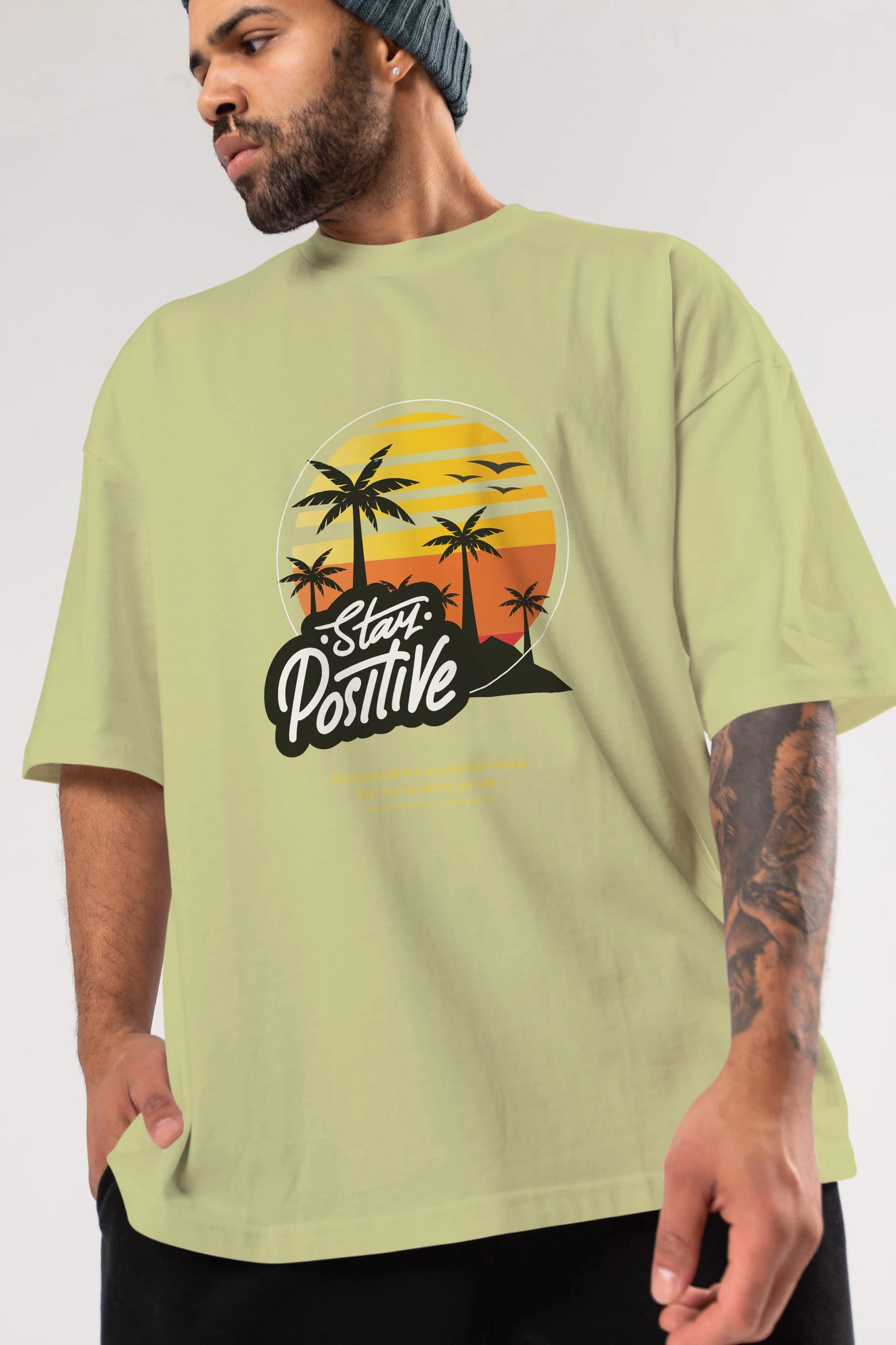 Stay Positive Yazılı Ön Baskılı Oversize t-shirt Erkek Kadın Unisex