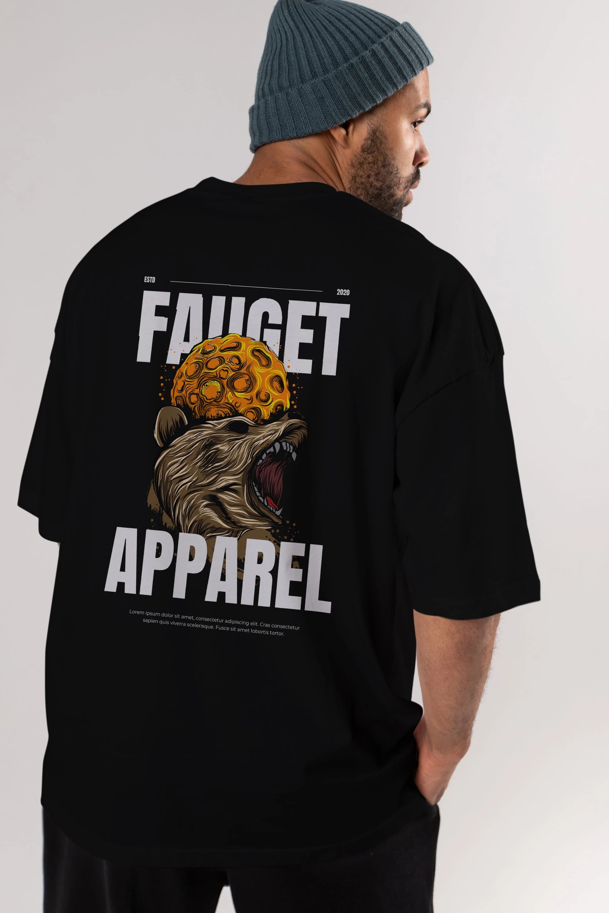 Bear Angry Fauget Apparel Arka Baskılı Oversize t-shirt Erkek Kadın Unisex