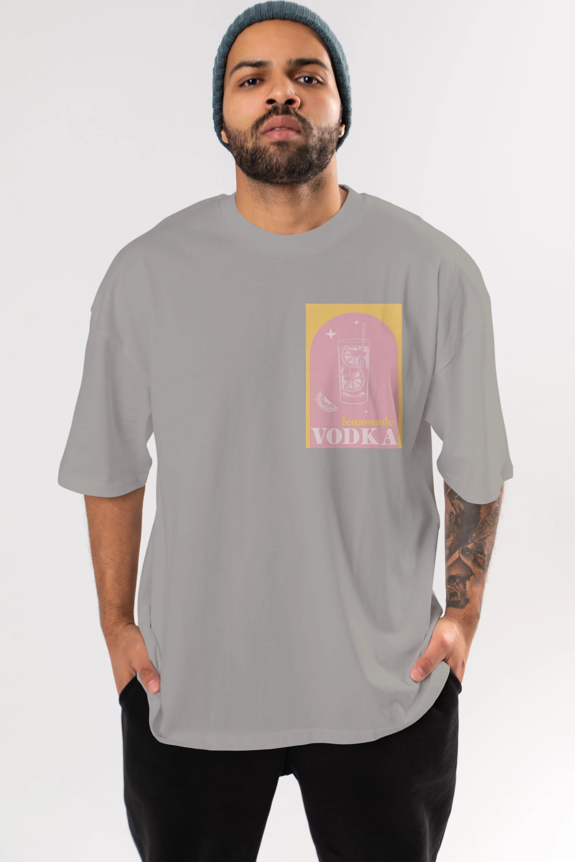 Vodka Limon Ön Sol Baskılı Oversize t-shirt Erkek Kadın Unisex %100 Pamuk Bisiklet Yaka tişort