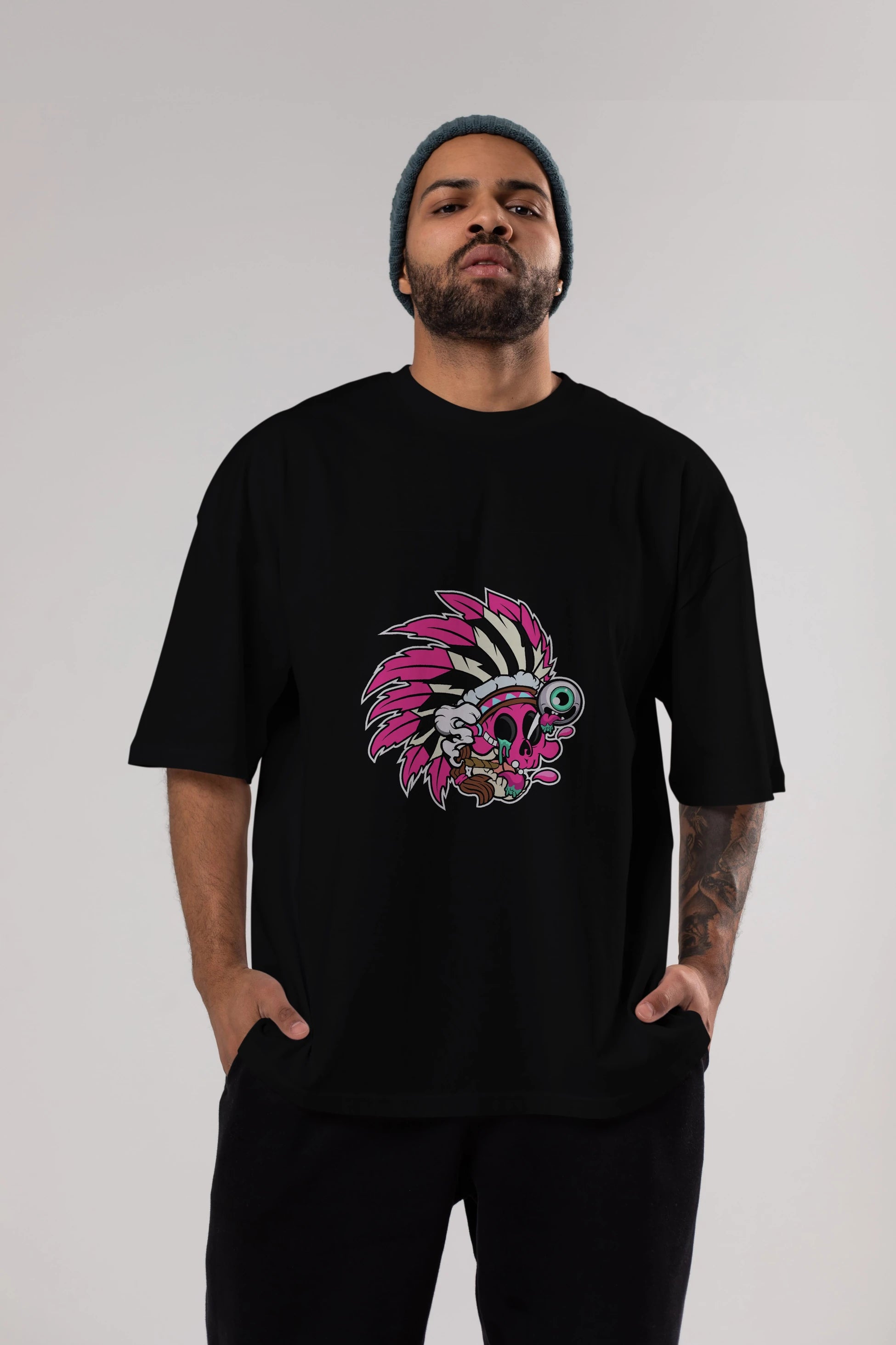 Skull Indian Ön Baskılı Oversize t-shirt Erkek Kadın Unisex %100 Pamuk tişort
