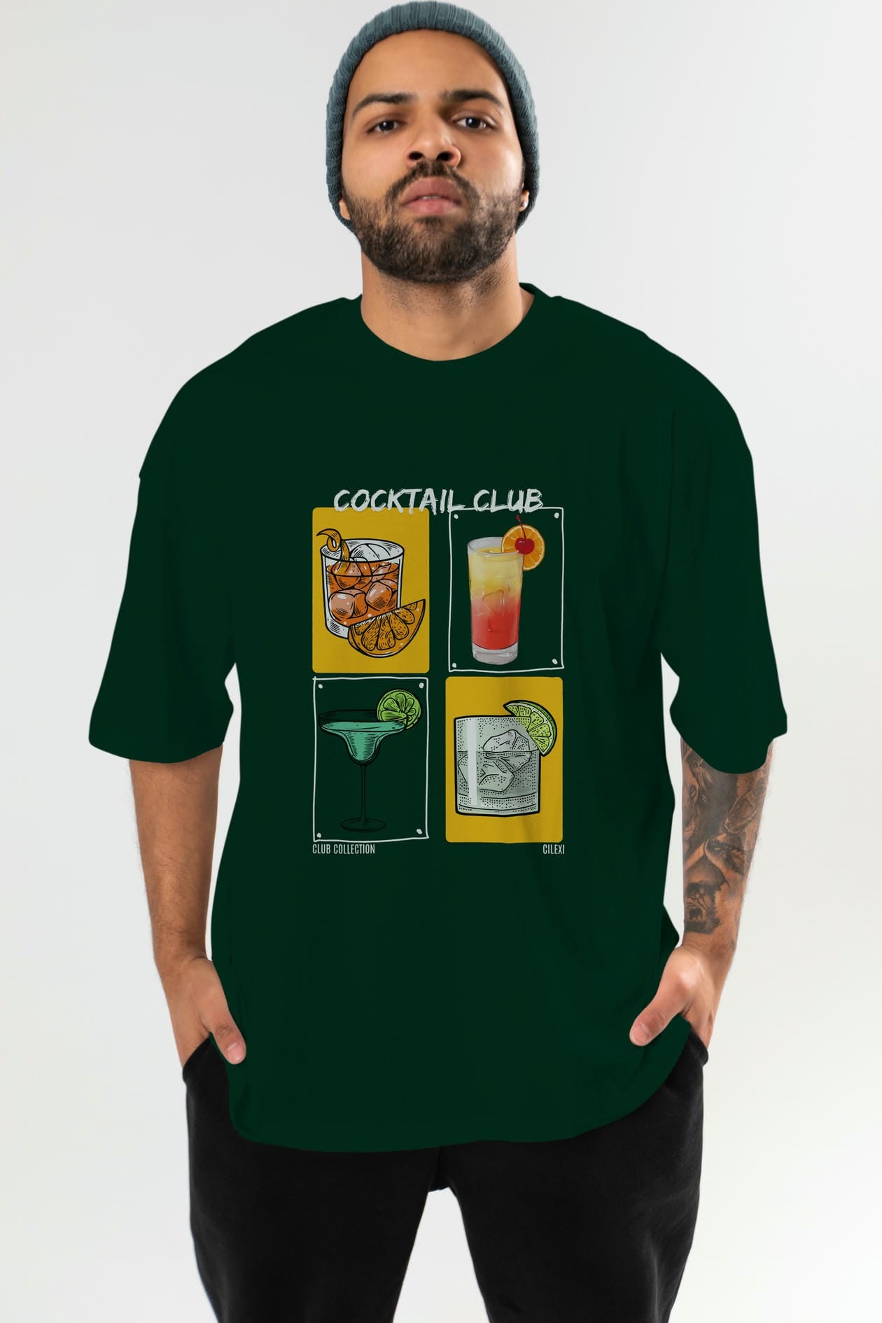 Cocktail Club ön Baskılı Oversize t-shirt Erkek Kadın %100 Pamuk Bisiklet Yaka tişort