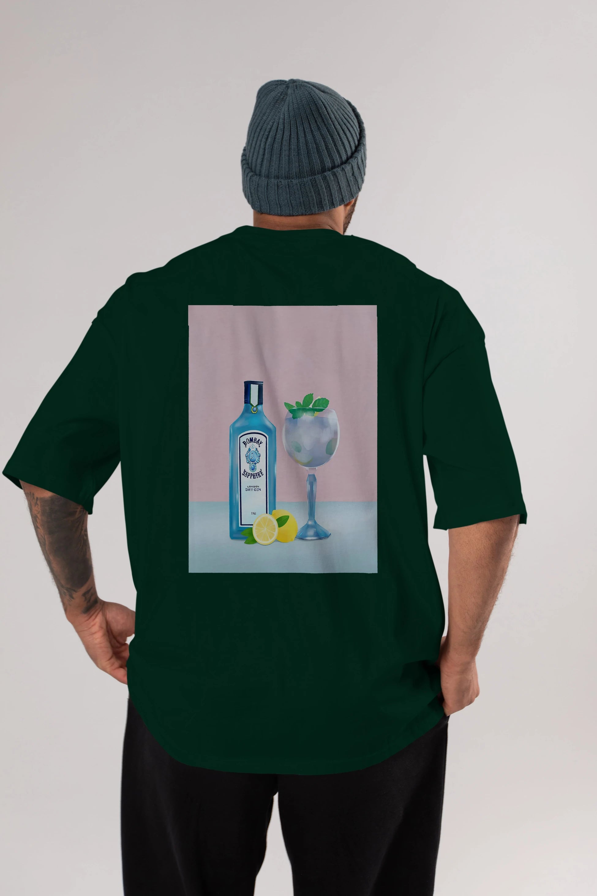 Bombay Sapphire Dry Gin Arka Baskılı Oversize t-shirt Erkek Kadın Unisex %100 Pamuk Bisiklet Yaka tişort
