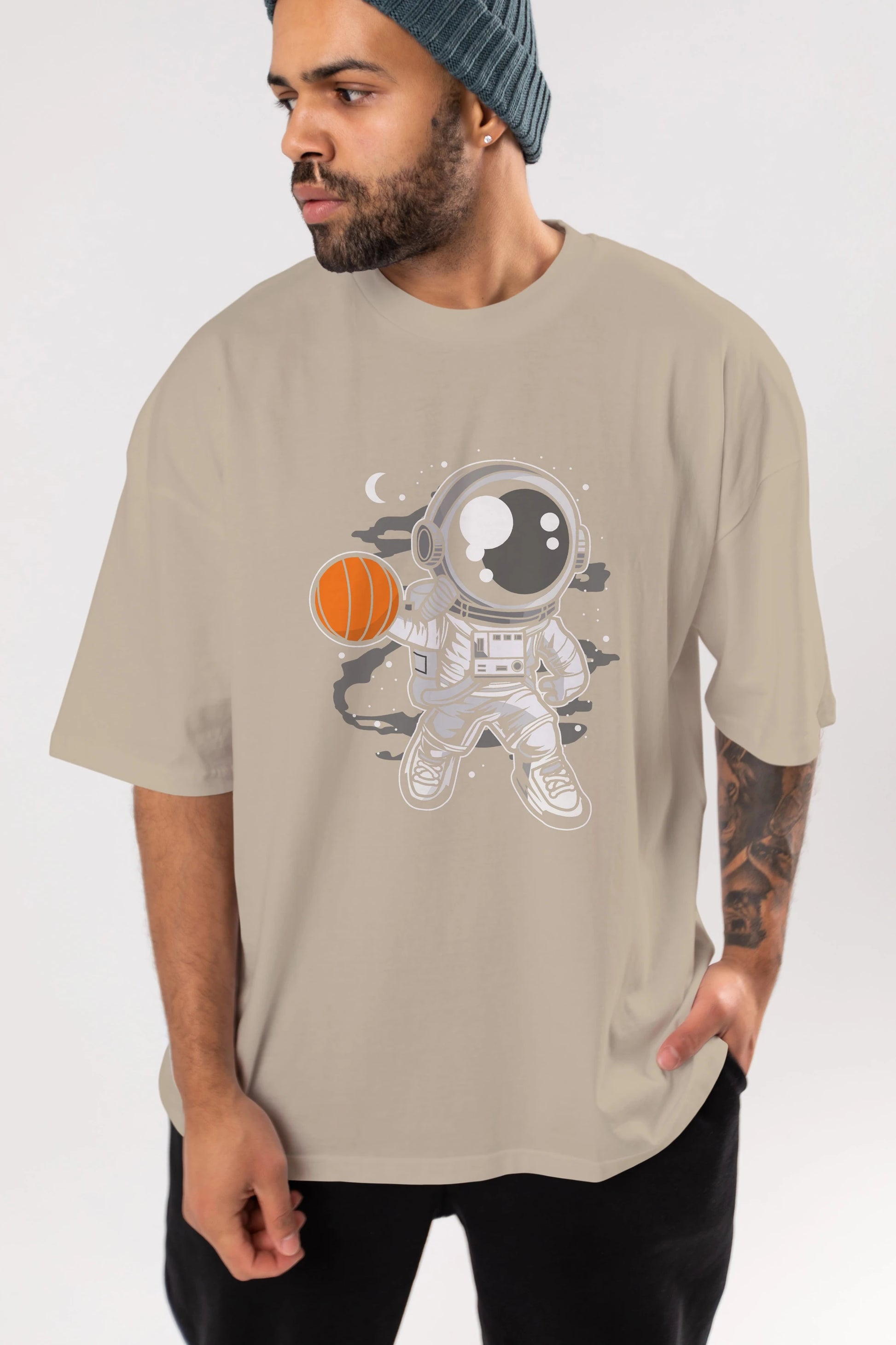 Astronaut Basketball Ön Baskılı Oversize t-shirt Erkek Kadın Unisex