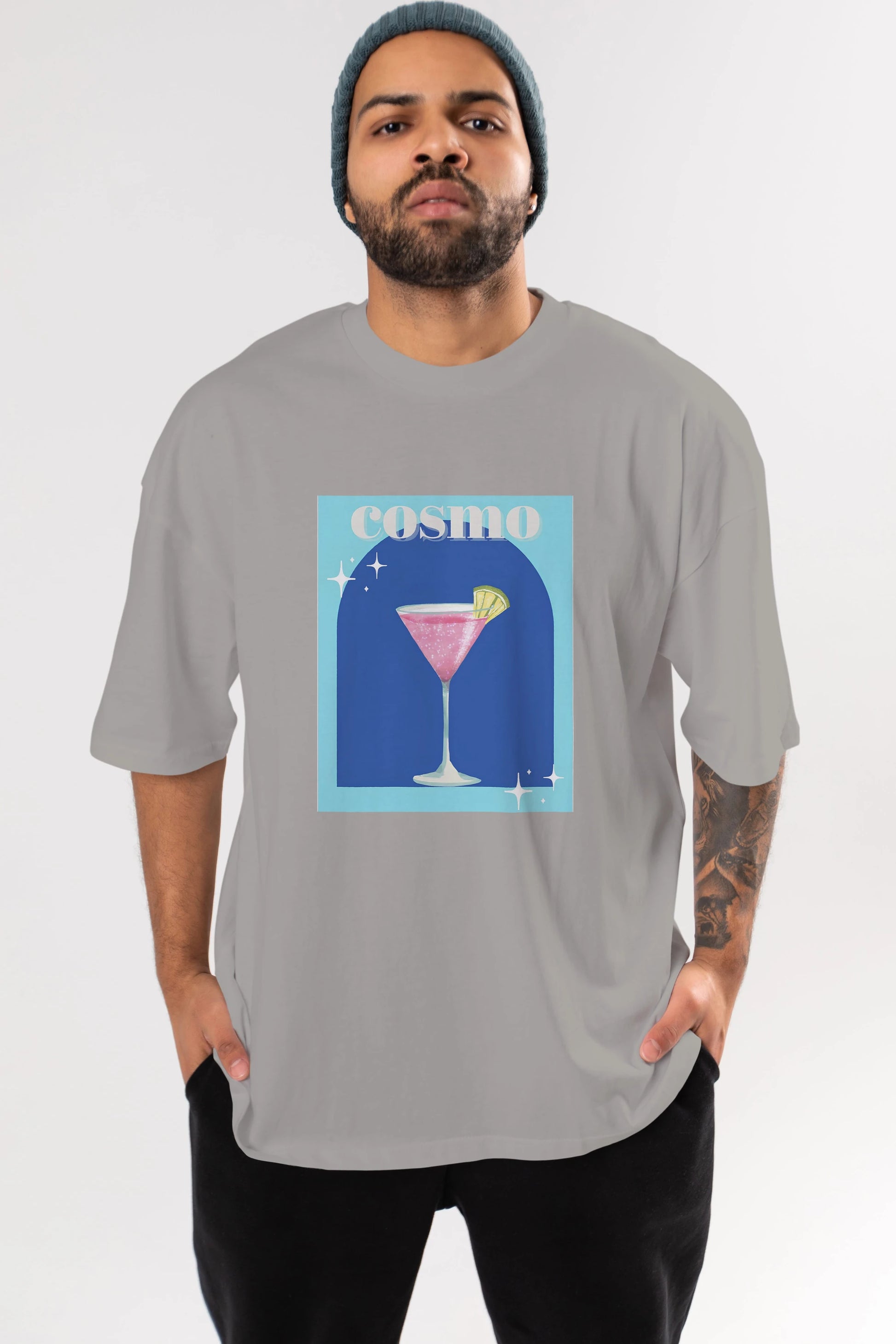 Cosmopolitan 2 Ön Baskılı Oversize t-shirt Erkek Kadın Unisex %100 Pamuk Bisiklet Yaka tişort