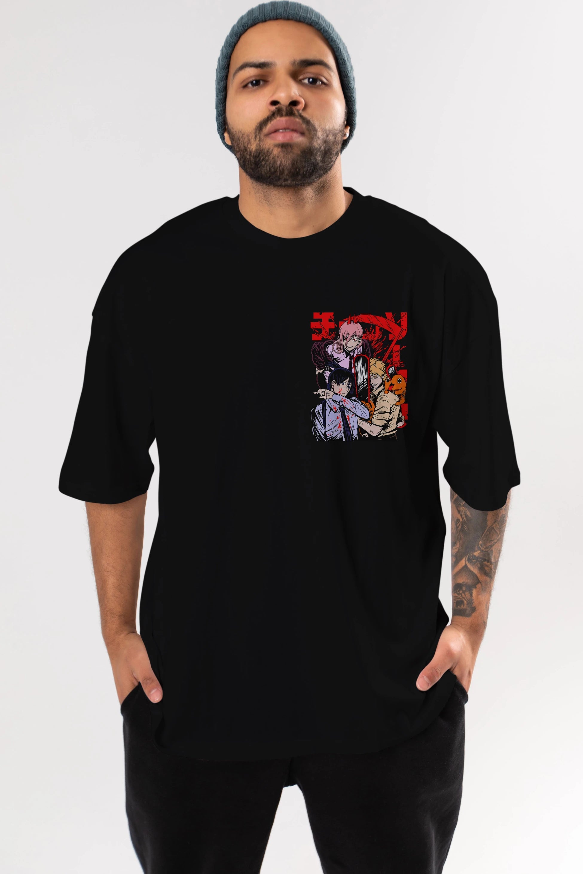 CHAINSAWMAN CREW Ön Sol Baskılı Oversize t-shirt Erkek Kadın Unisex %100 Pamuk Bisiklet Yaka tişort