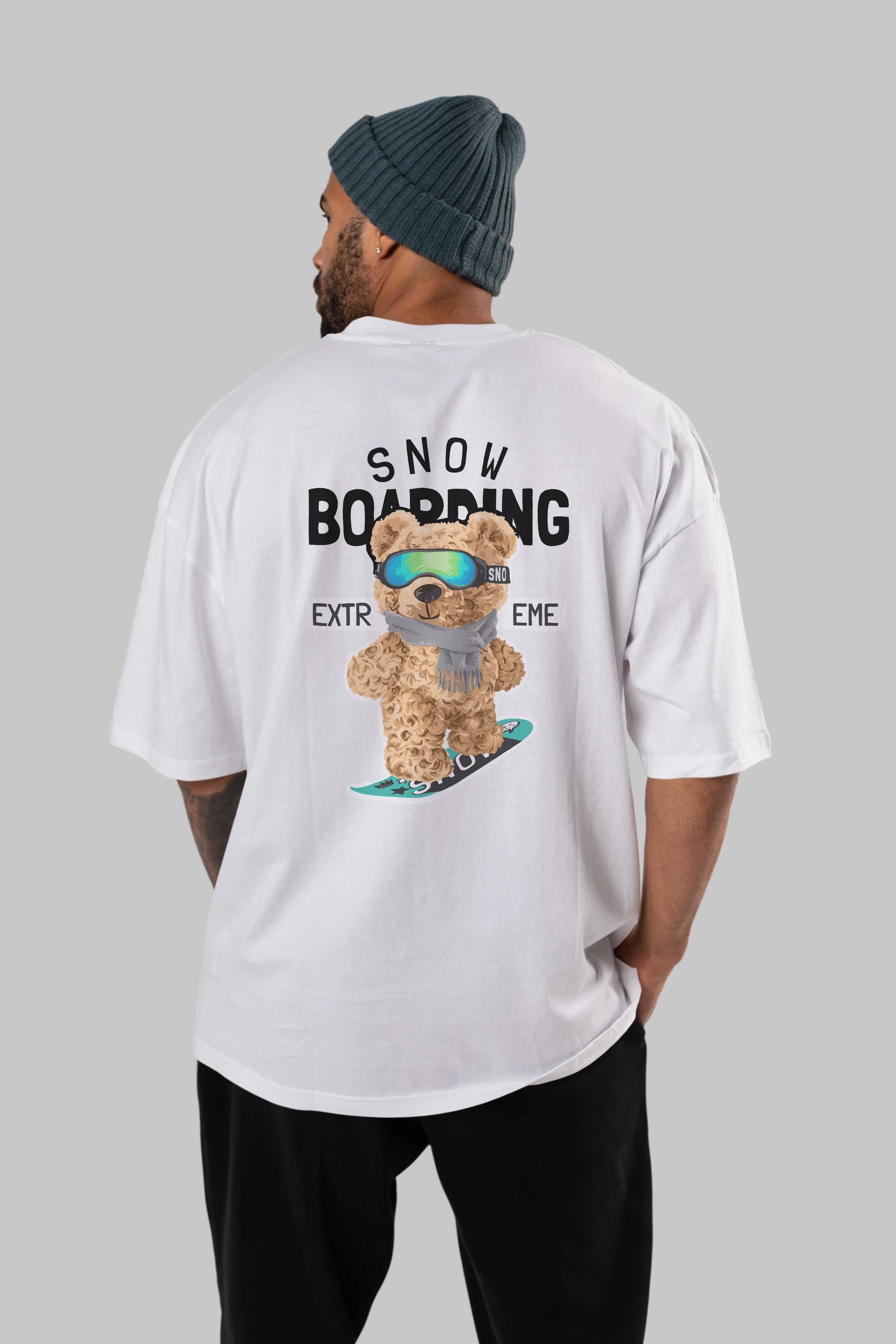 Teddy Bear Snow Boarding Arka Baskılı Oversize t-shirt Erkek Kadın Unisex %100 Pamuk