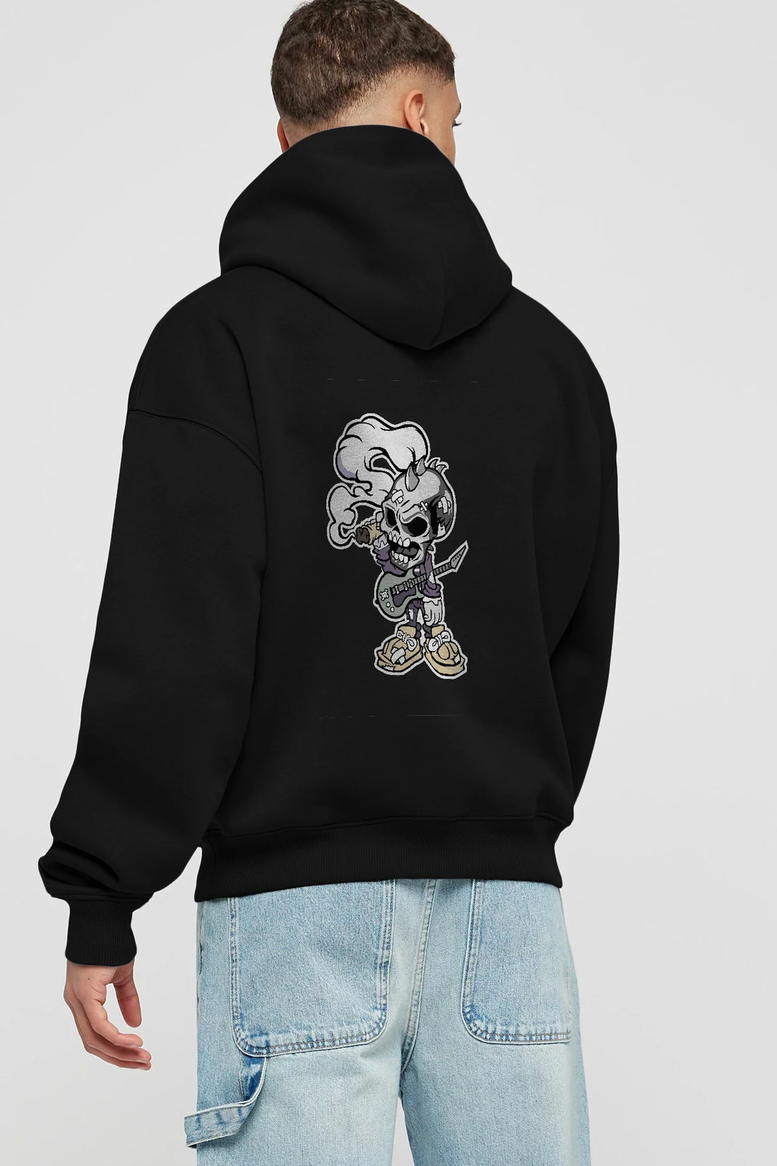 Skull Smoker Punk Rocker Arka Baskılı Hoodie Oversize Kapüşonlu Sweatshirt Erkek Kadın Unisex