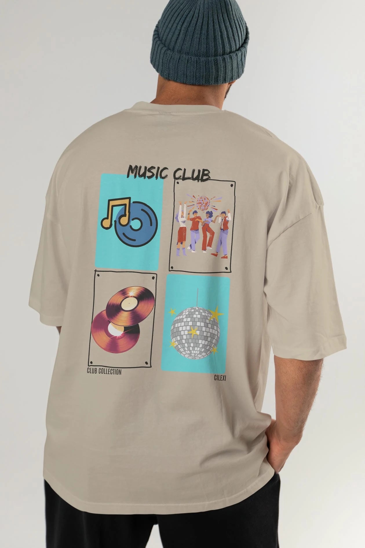 Music Club Arka Baskılı Oversize t-shirt Erkek Kadın %100 Pamuk Bisiklet Yaka tişort