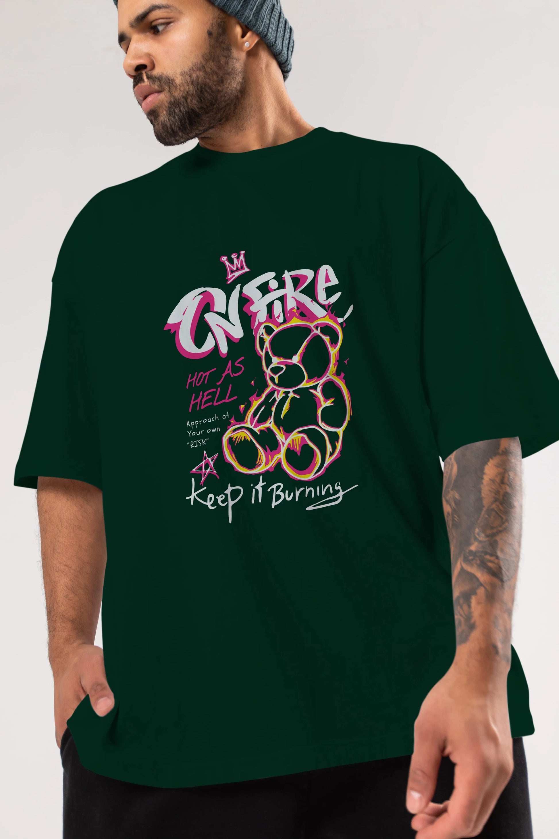 On Fire Bear Ön Baskılı Oversize t-shirt Erkek Kadın Unisex
