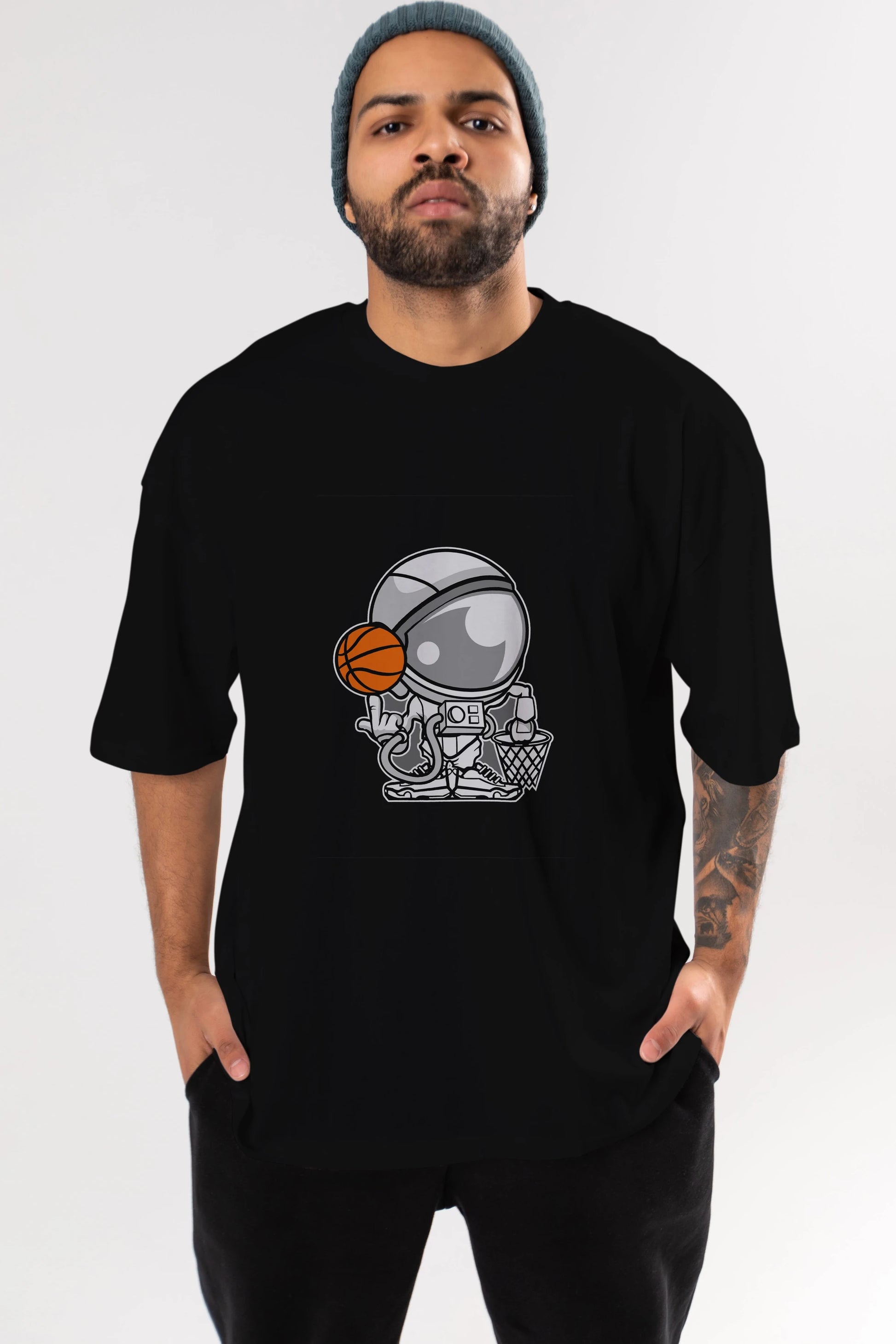 Astronaut Basketball Ön Baskılı Oversize t-shirt Erkek Kadın Unisex %100 Pamuk tişort