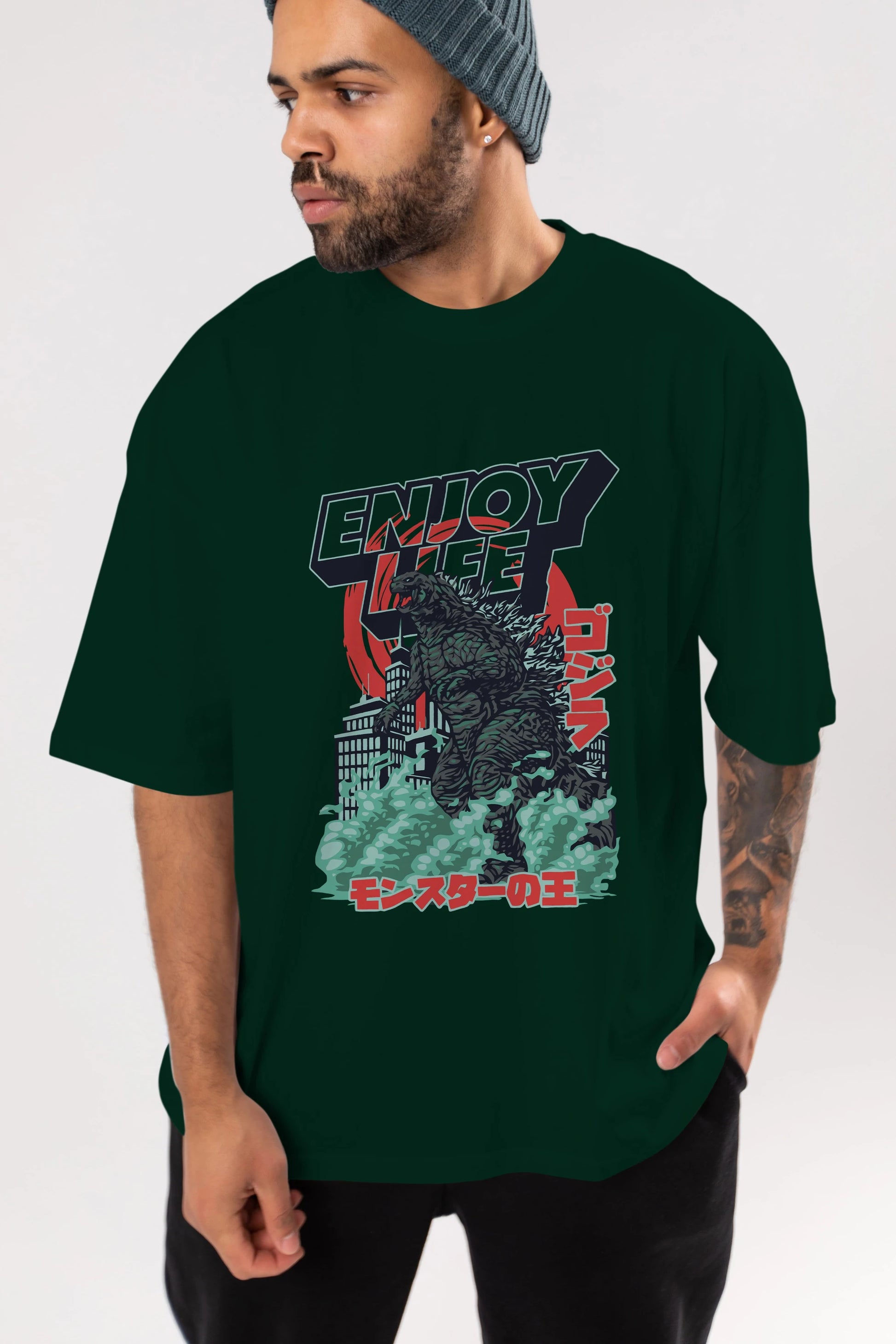 Godzilla Ön Baskılı Oversize t-shirt Erkek Kadın Unisex %100 Pamuk Bisiklet Yaka tişort