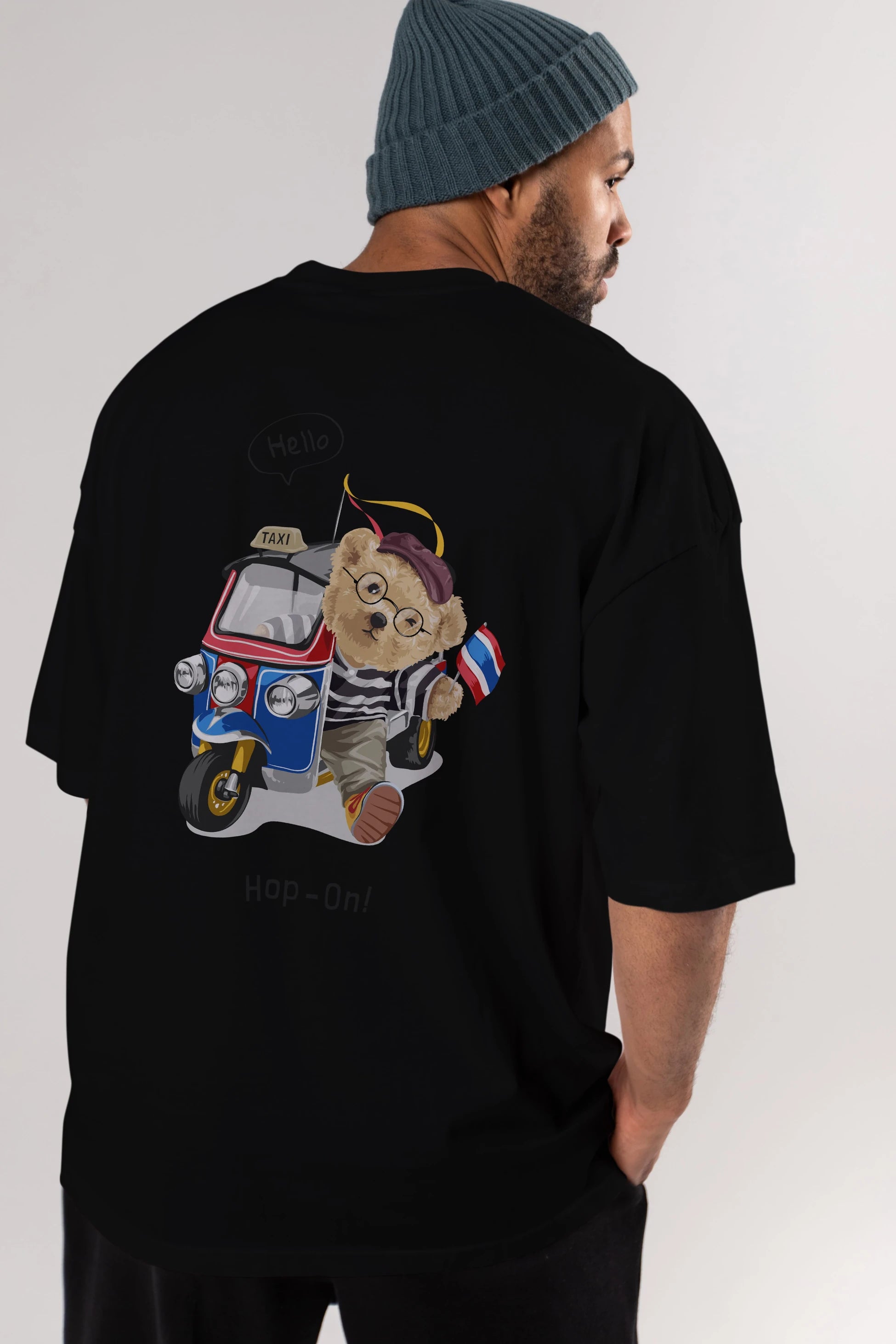 Teddy Bear Hop-On Arka Baskılı Oversize t-shirt Erkek Kadın Unisex %100 Pamuk