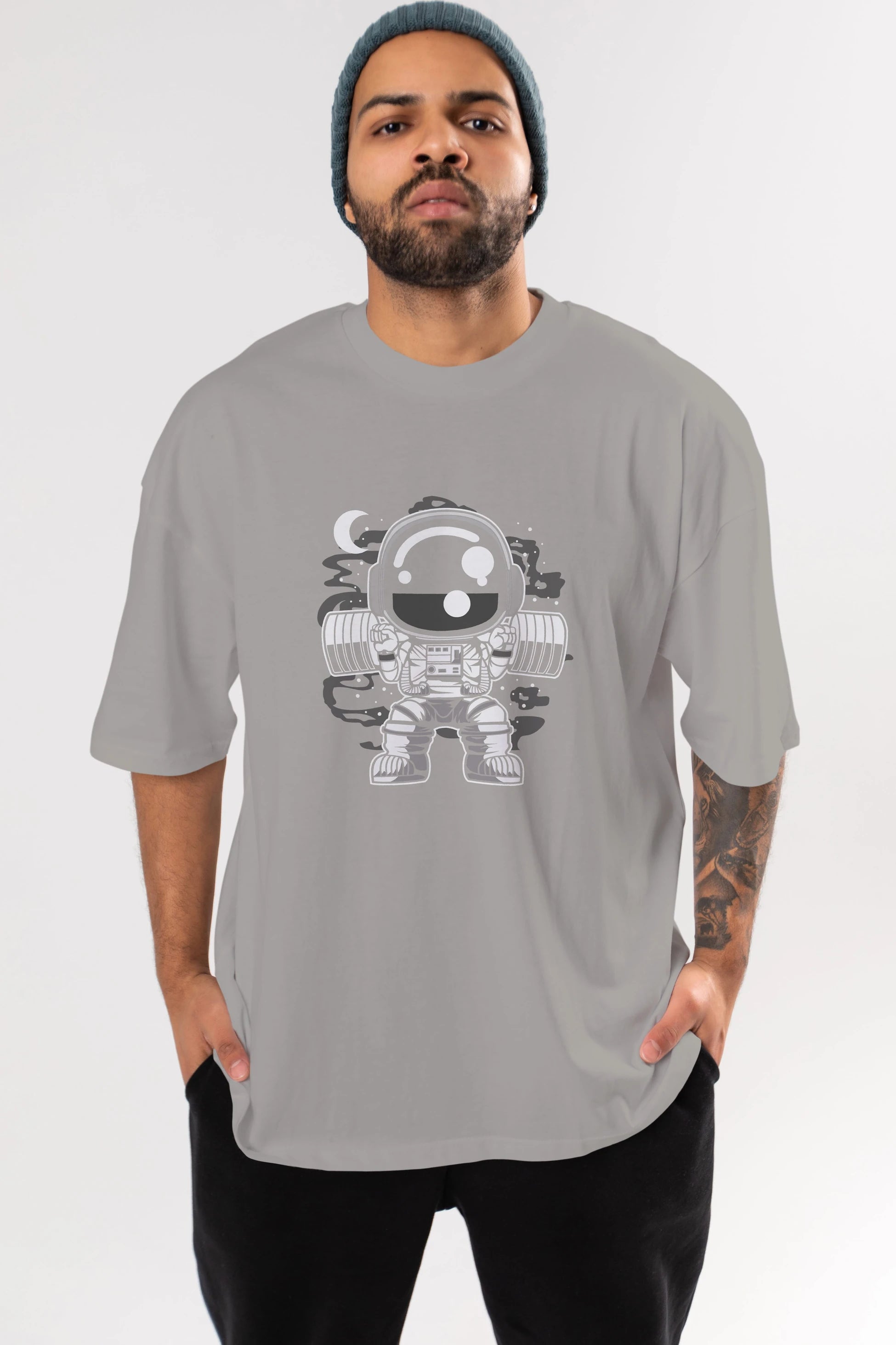 Astronaut Barbell Body Builder Ön Baskılı Oversize t-shirt Erkek Kadın Unisex