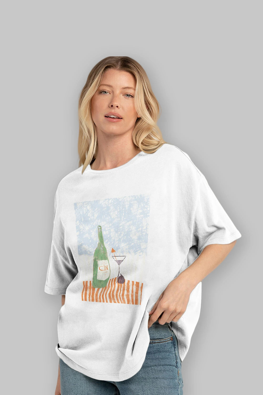 Gin Ön Baskılı Oversize t-shirt Erkek Kadın Unisex %100 Pamuk Bisiklet Yaka tişort