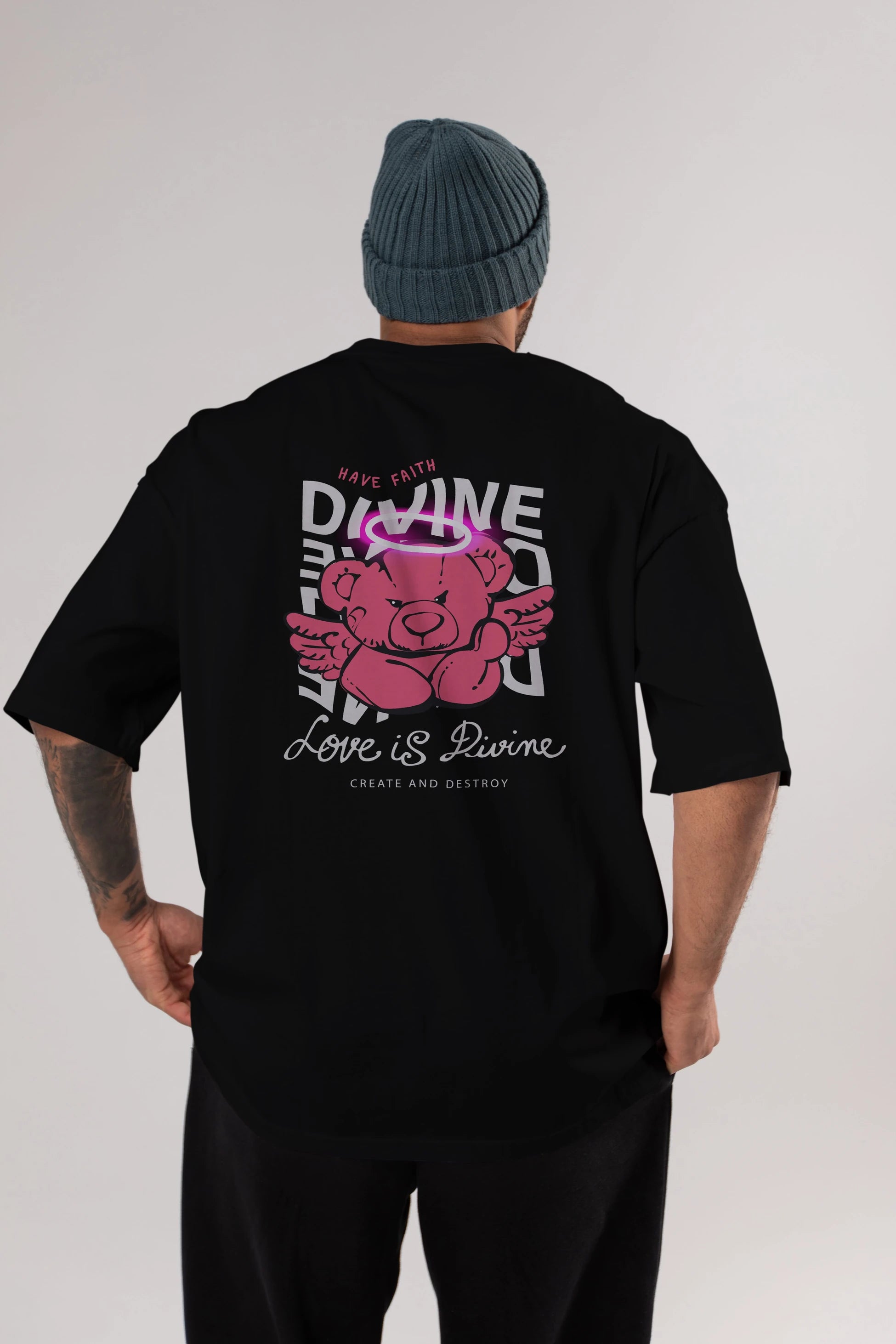 Love is Divine Bear Arka Baskılı Oversize t-shirt Erkek Kadın Unisex