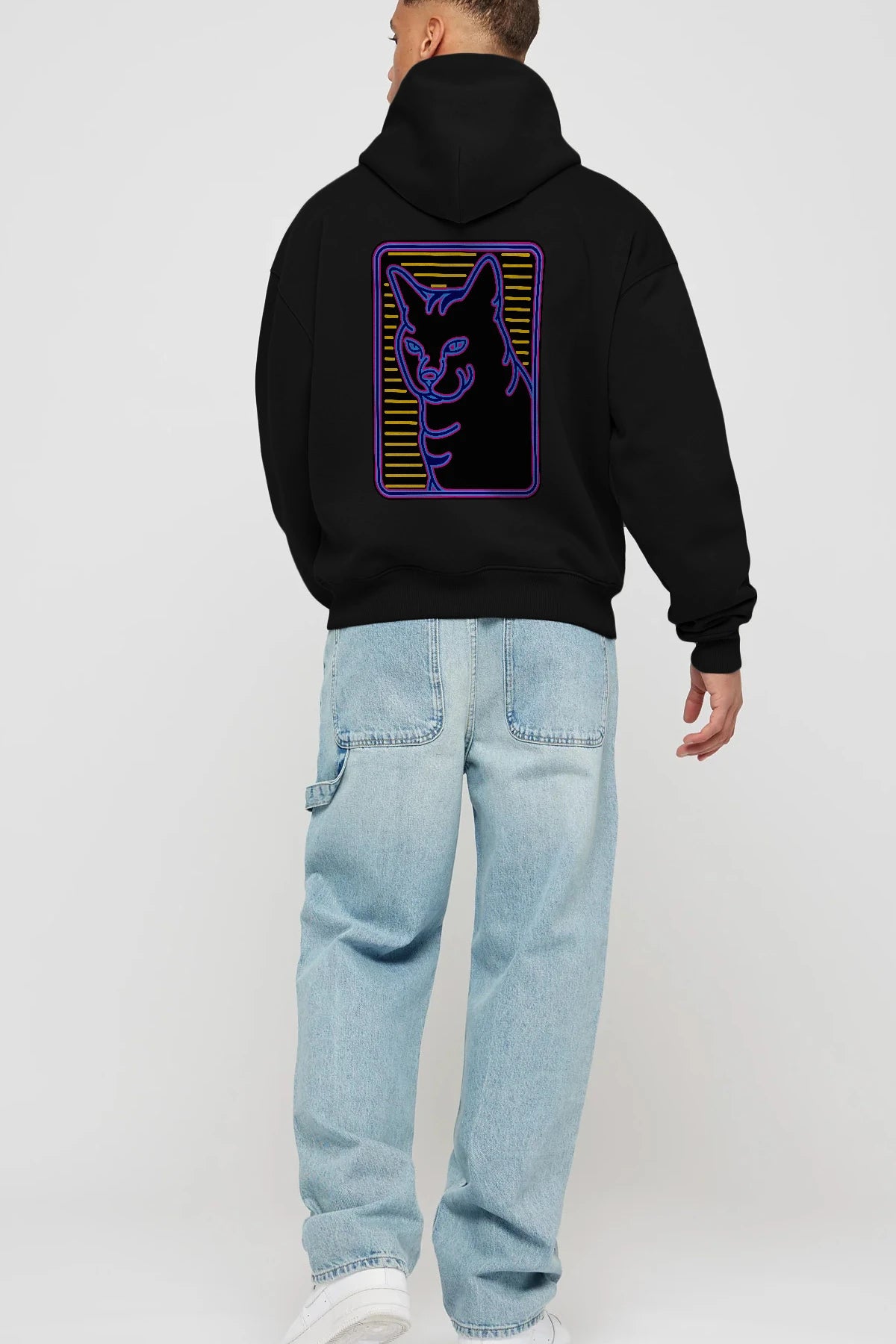 Neon Cat Arka Baskılı Hoodie Oversize Kapüşonlu Sweatshirt Erkek Kadın Unisex