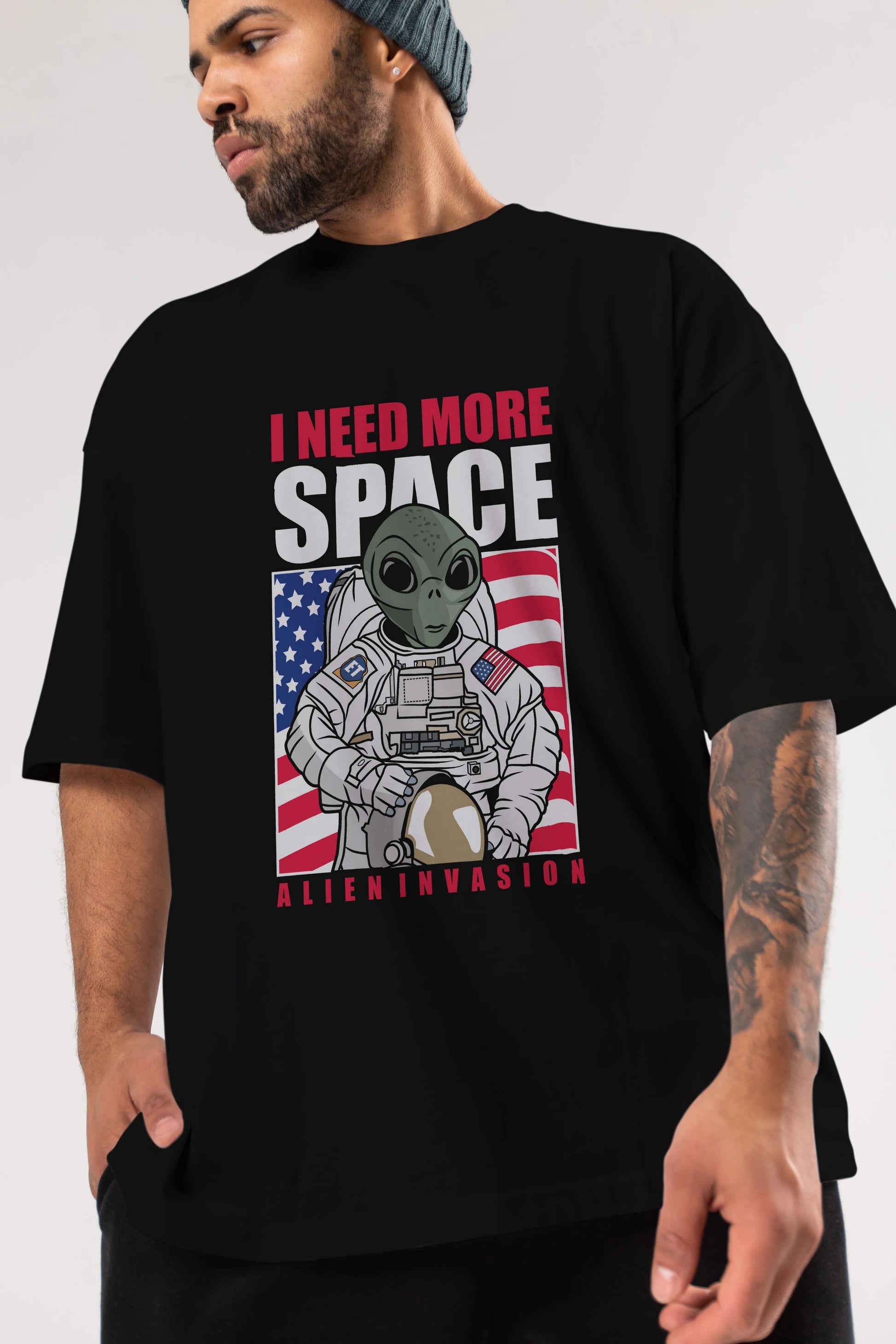 Alien Astronaut Ön Baskılı Oversize t-shirt Erkek Kadın Unisex %100 Pamuk tişort