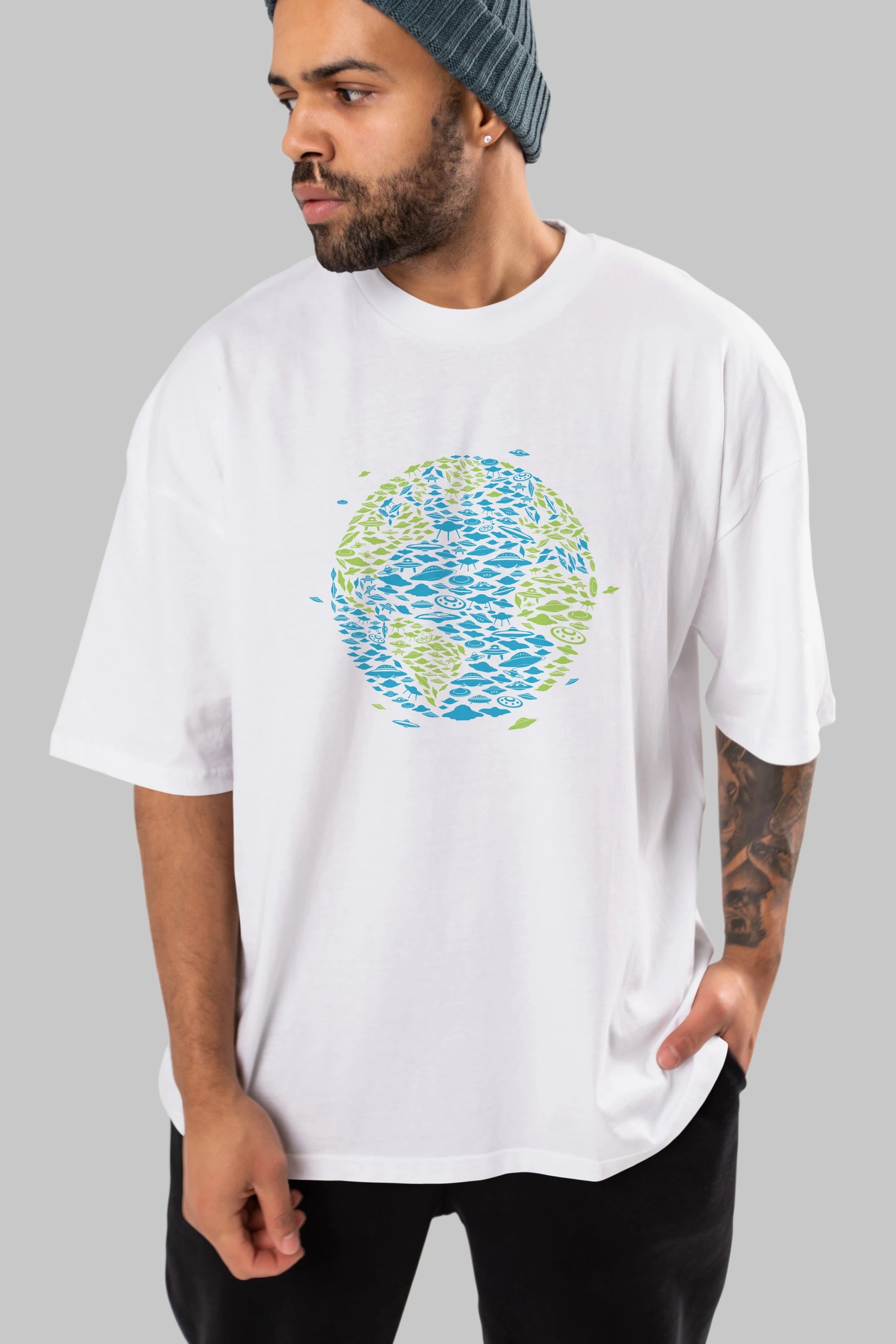 UFO Invasion Ön Baskılı Oversize t-shirt %100 pamuk Erkek Kadın Unisex