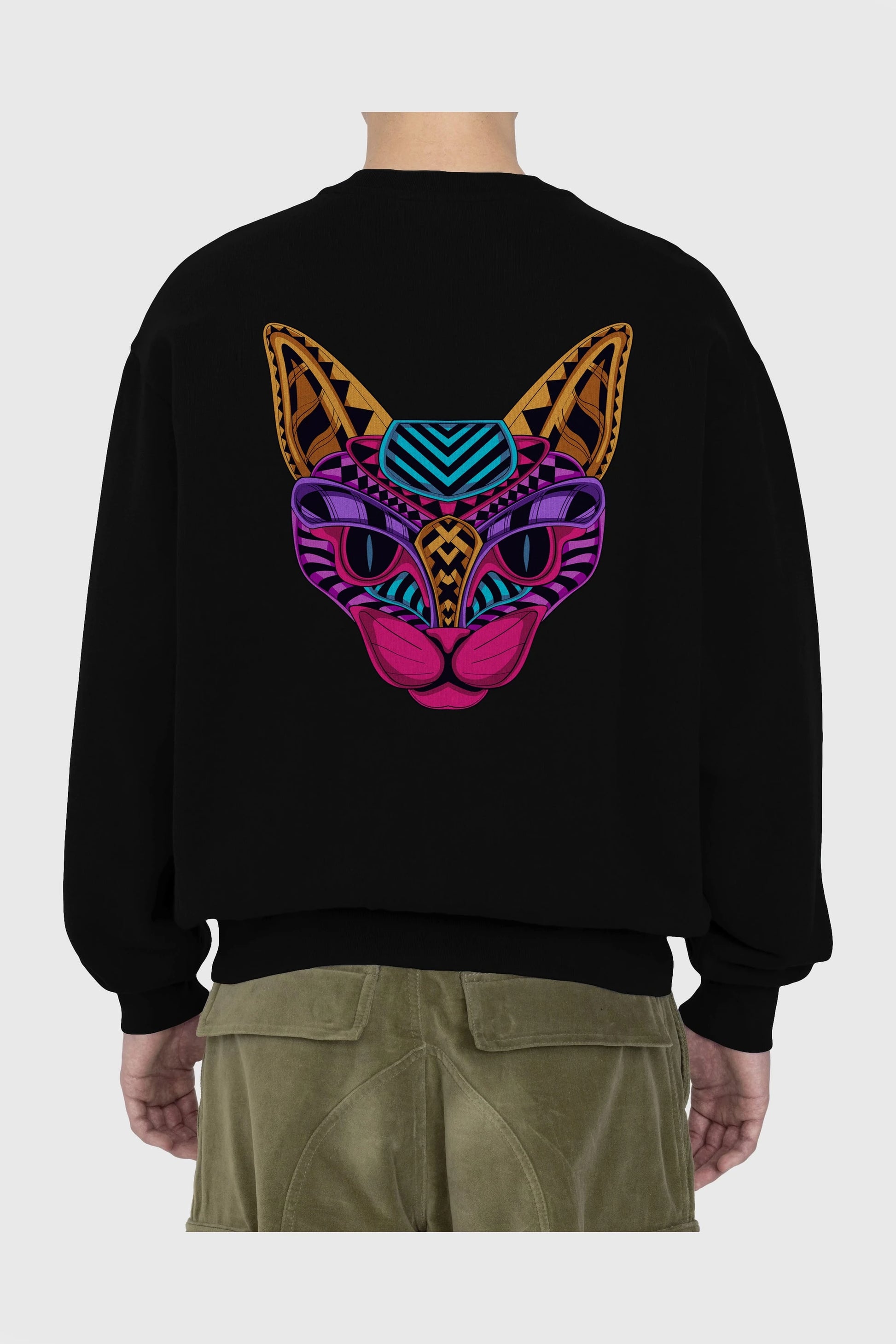 Black Neon Cat Arka Baskılı Oversize Sweatshirt Erkek Kadın Unisex