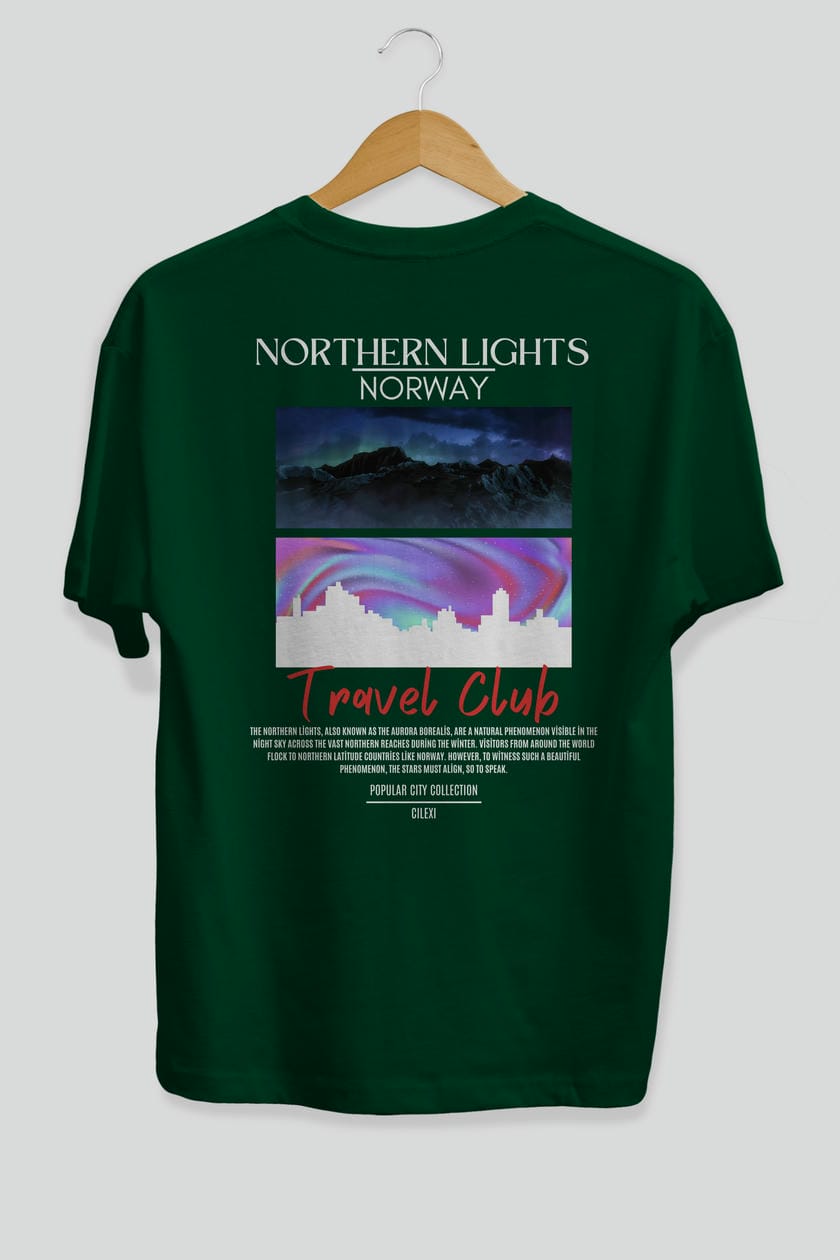 Northern Lights Norway Arka Baskılı Oversize t-shirt Erkek Kadın Pamuk Bisiklet Yaka tişort