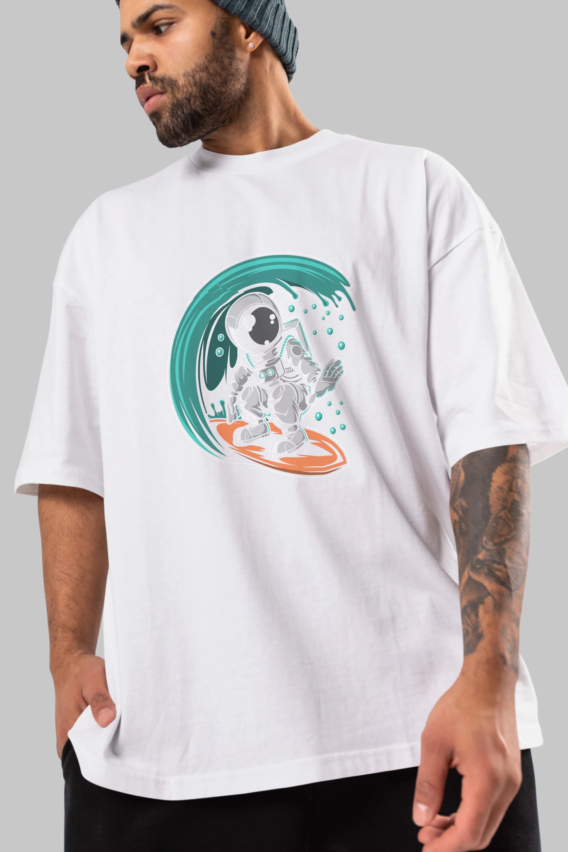 Astronaut Surfing Ön Baskılı Oversize t-shirt Erkek Kadın Unisex
