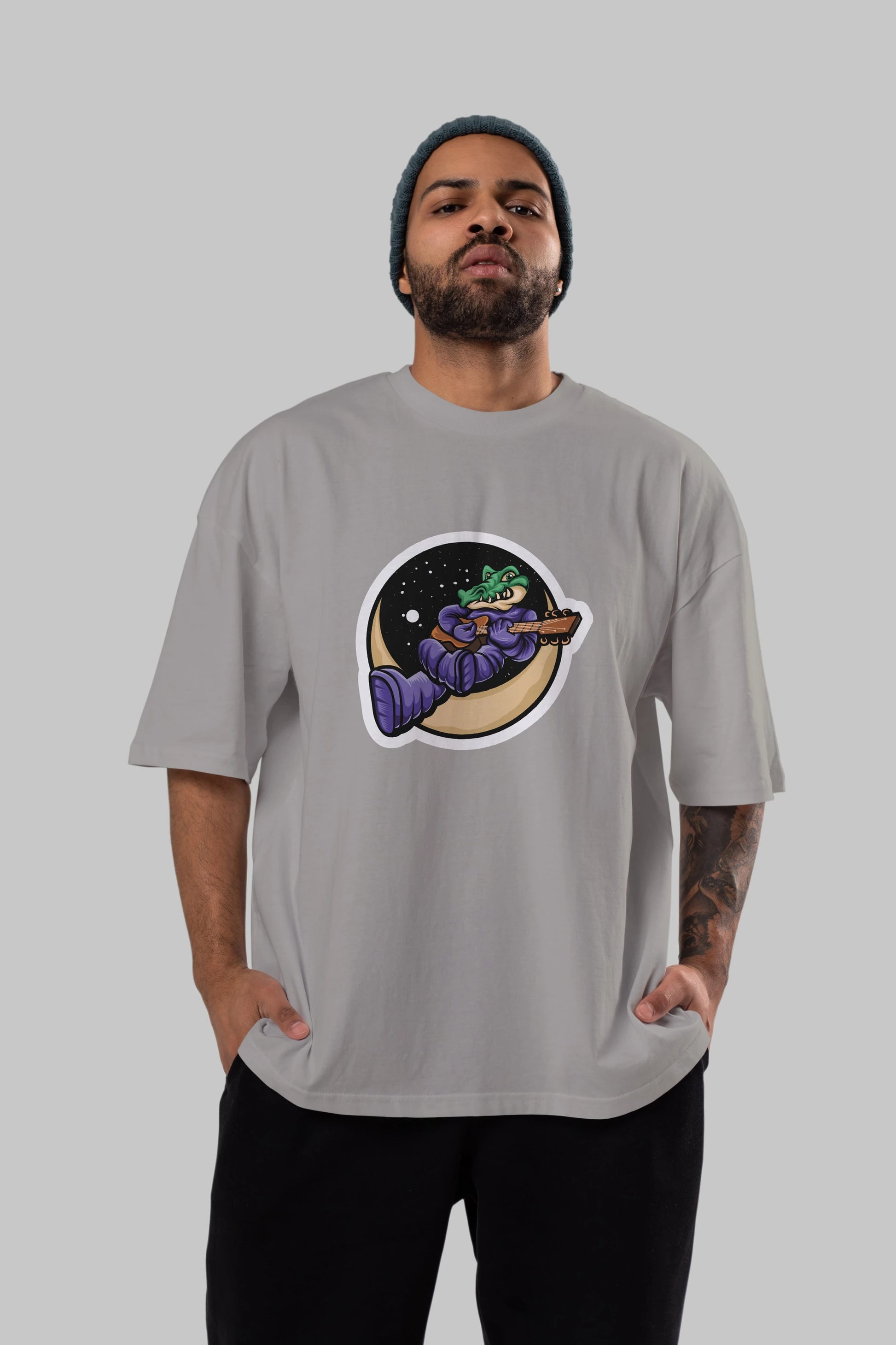 Space Crocodile Sticker Ön Baskılı Oversize t-shirt Erkek Kadın Unisex