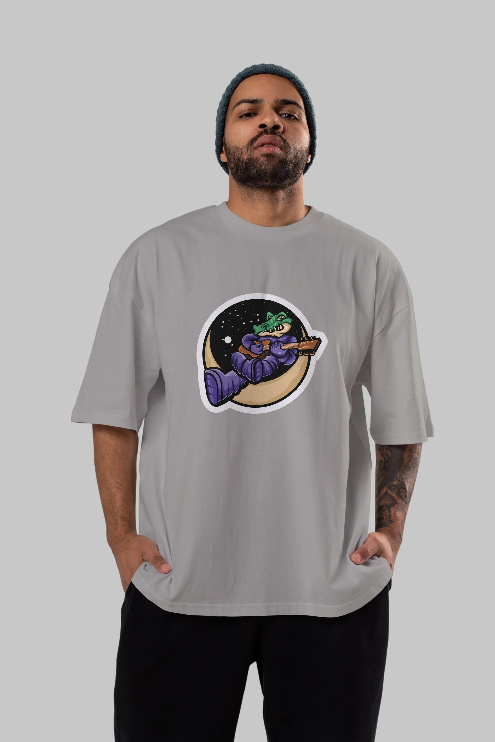 Space Crocodile Sticker Ön Baskılı Oversize t-shirt Erkek Kadın Unisex