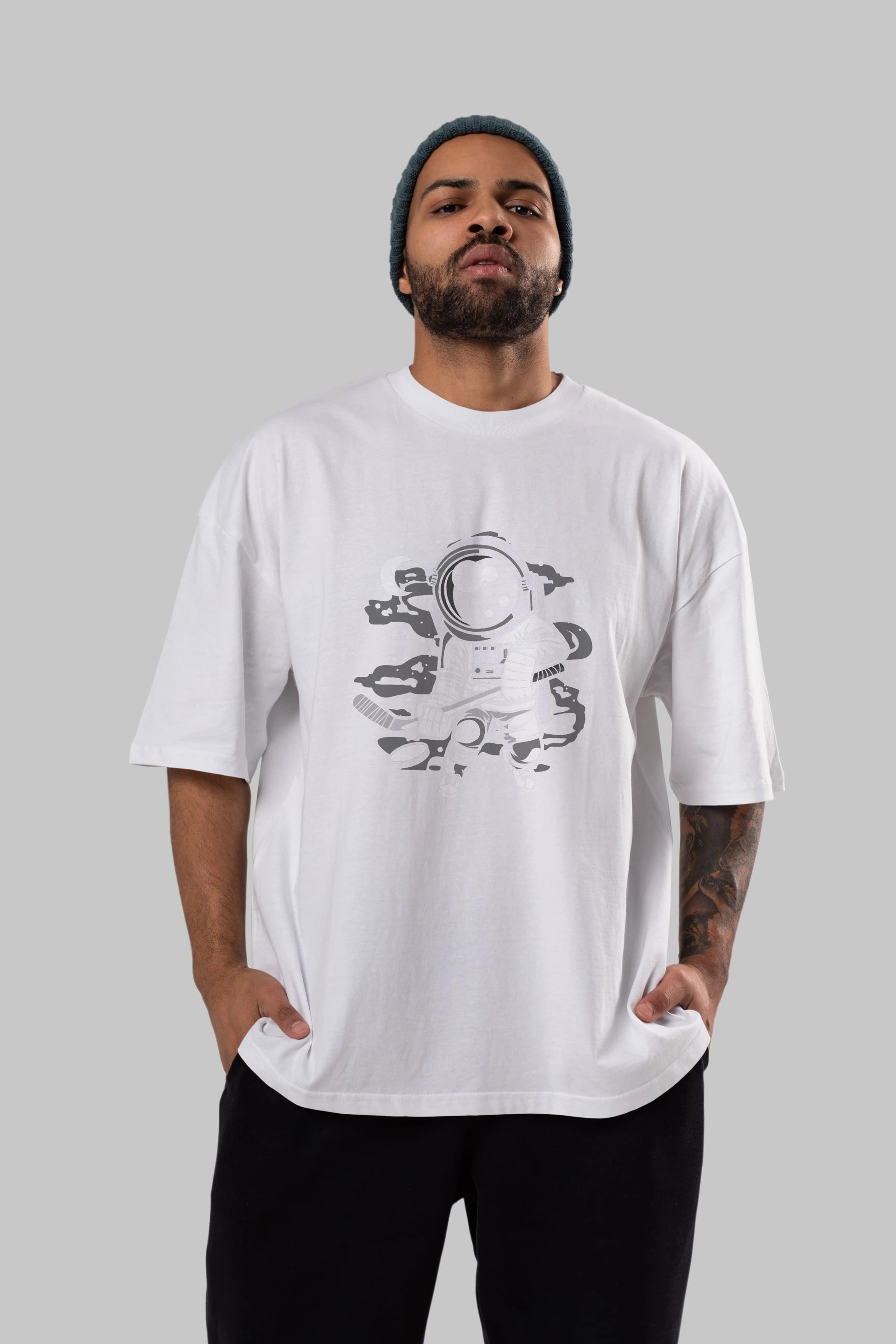 Hockey Player Astronaut Ön Baskılı Oversize t-shirt Erkek Kadın Unisex