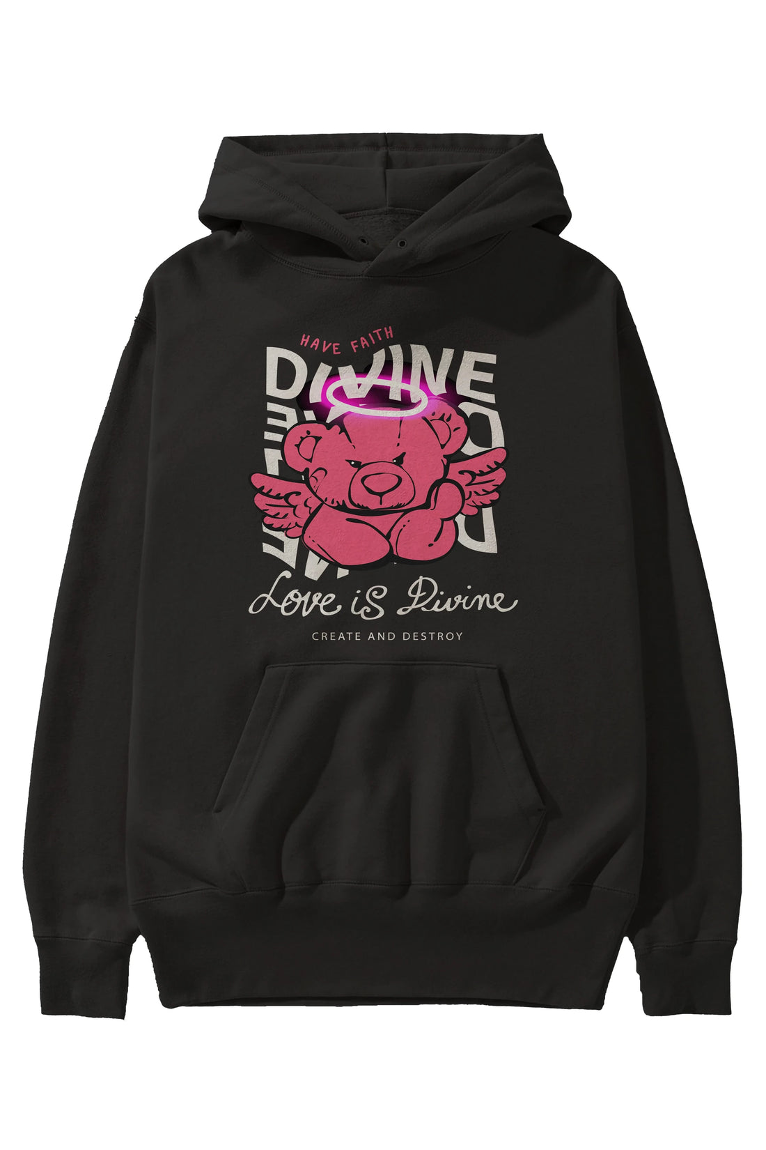Love is Divine Bear Ön Baskılı Hoodie Oversize Kapüşonlu Sweatshirt Erkek Kadın Unisex